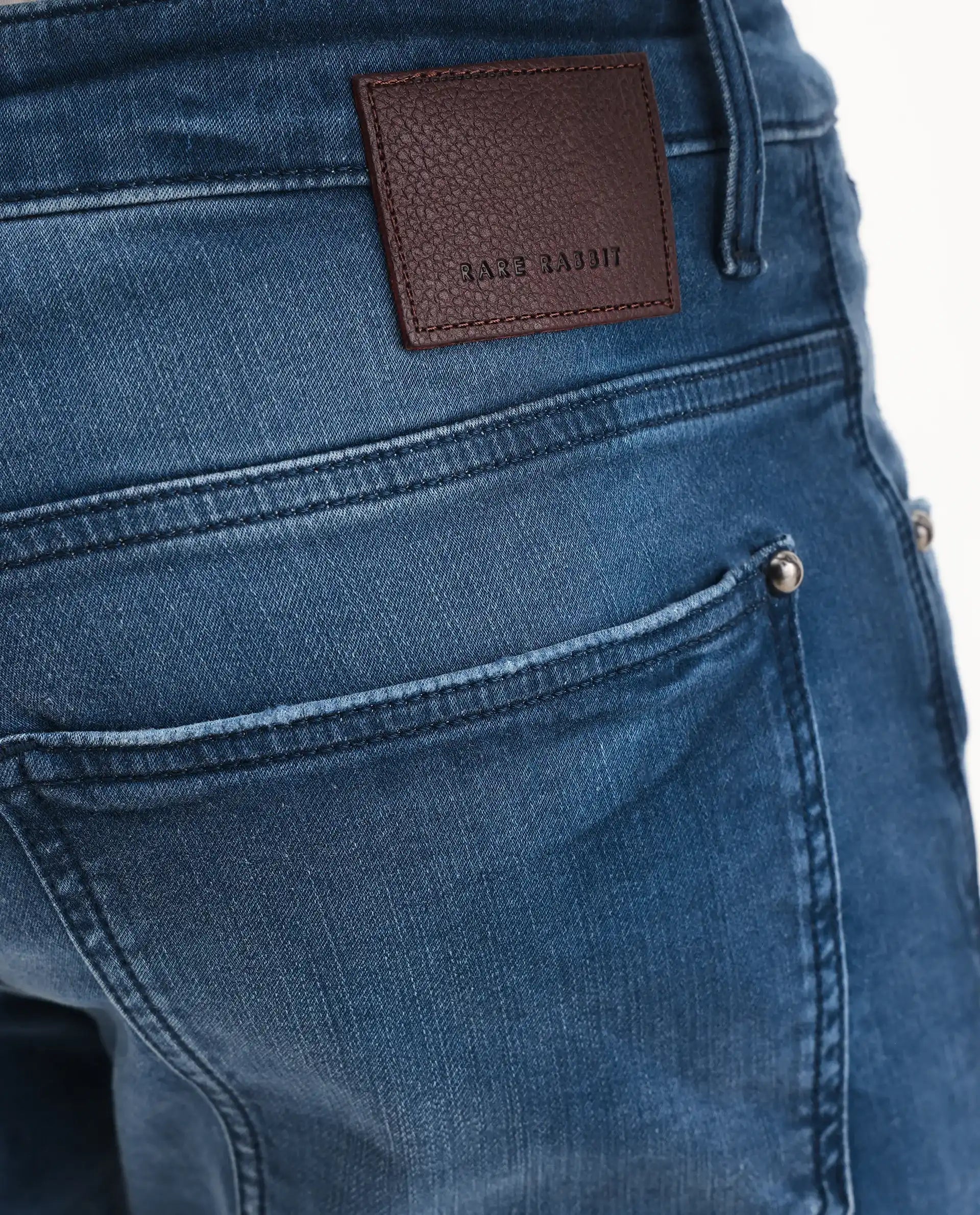 Rare Rabbit Men's Knoxo Blue Cotton Blend Fabric Hawk Slim Fit Plain Jeans