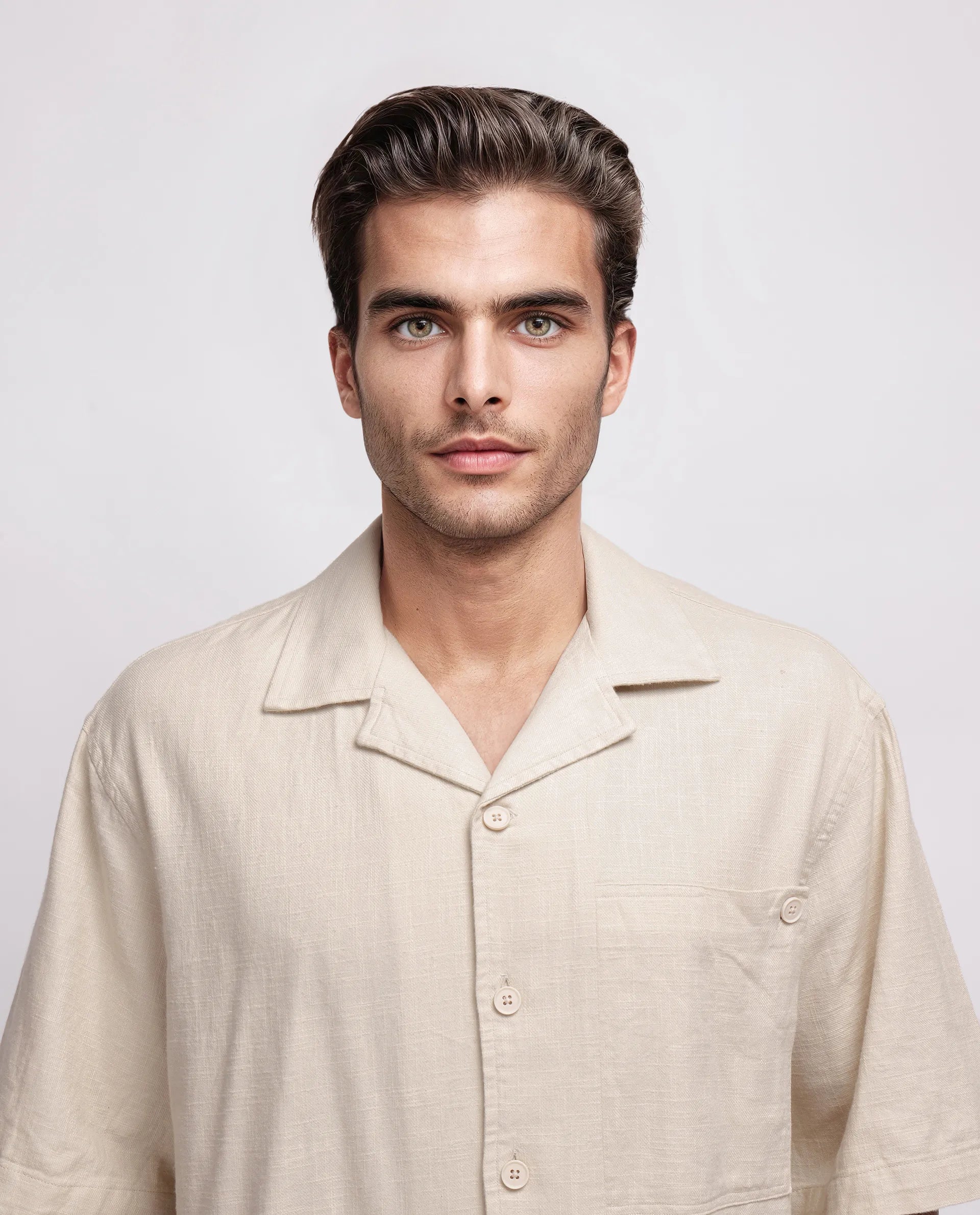 Rare Rabbit Men's Koba Beige Viscose Plain Boxy Fit Half Sleeve Cuban Collar Shirt