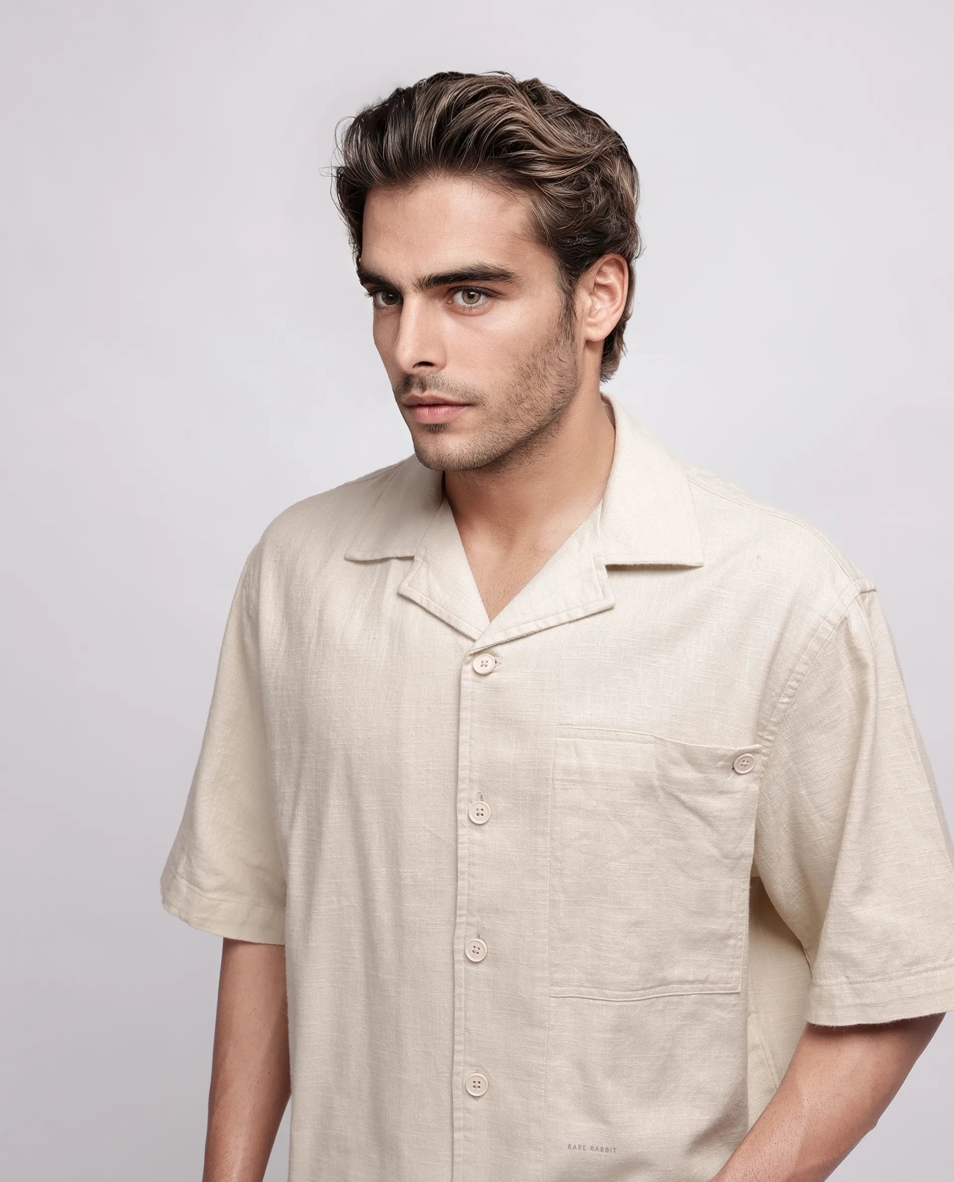 Rare Rabbit Men's Koba Beige Viscose Plain Boxy Fit Half Sleeve Cuban Collar Shirt