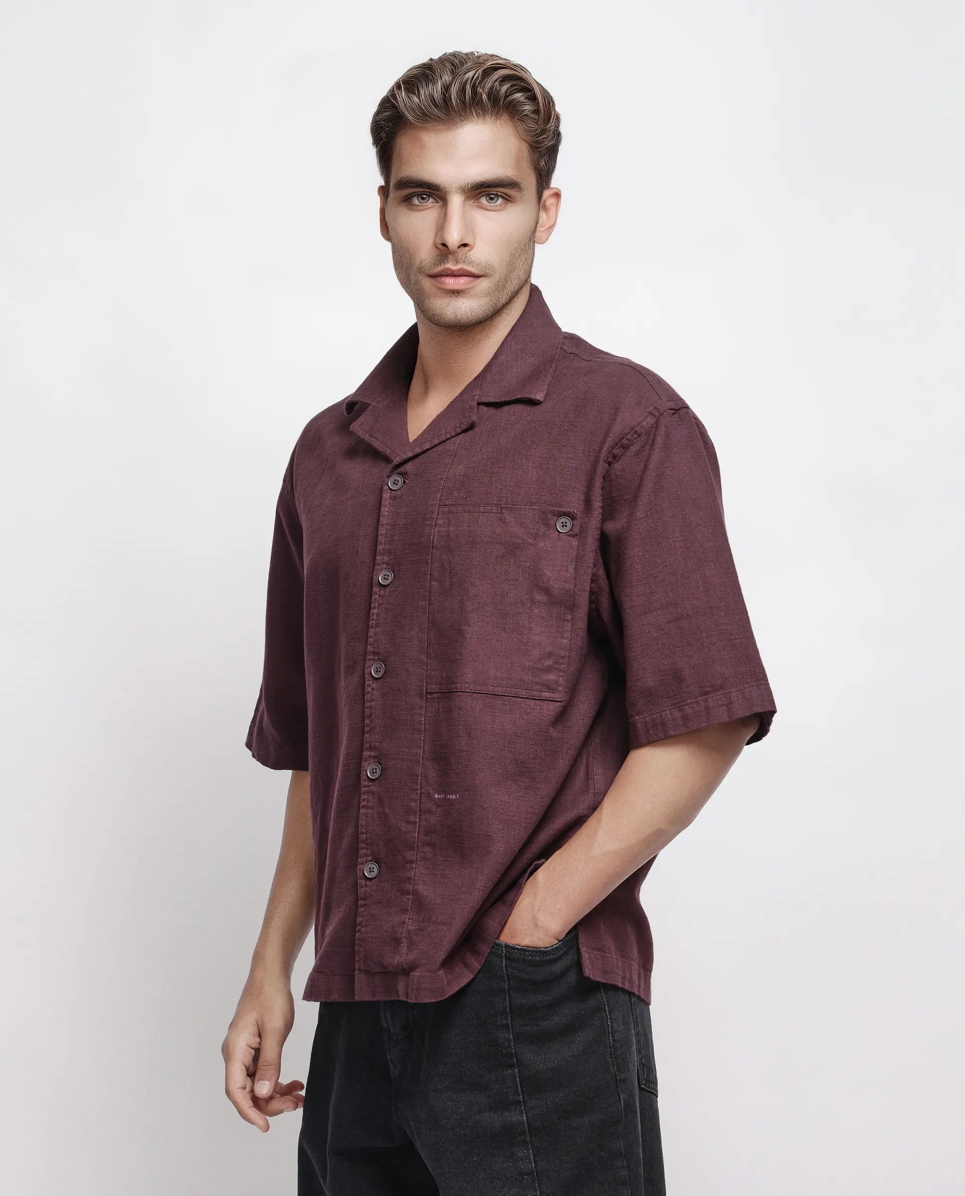 Rare Rabbit Men's Koba Dark Brown Cotton Plain Boxy Fit Half Sleeve Cuban Collar Shirt