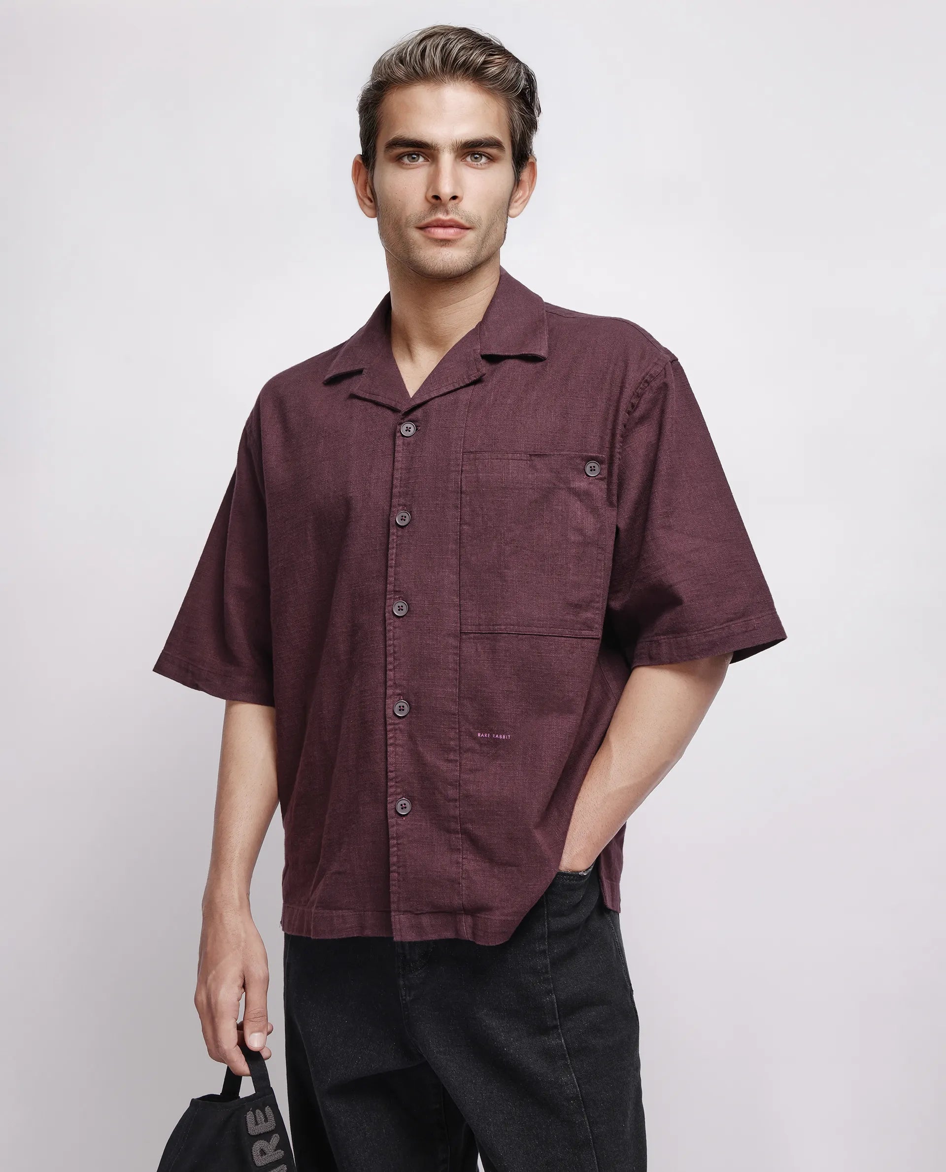 Rare Rabbit Men's Koba Dark Brown Cotton Plain Boxy Fit Half Sleeve Cuban Collar Shirt