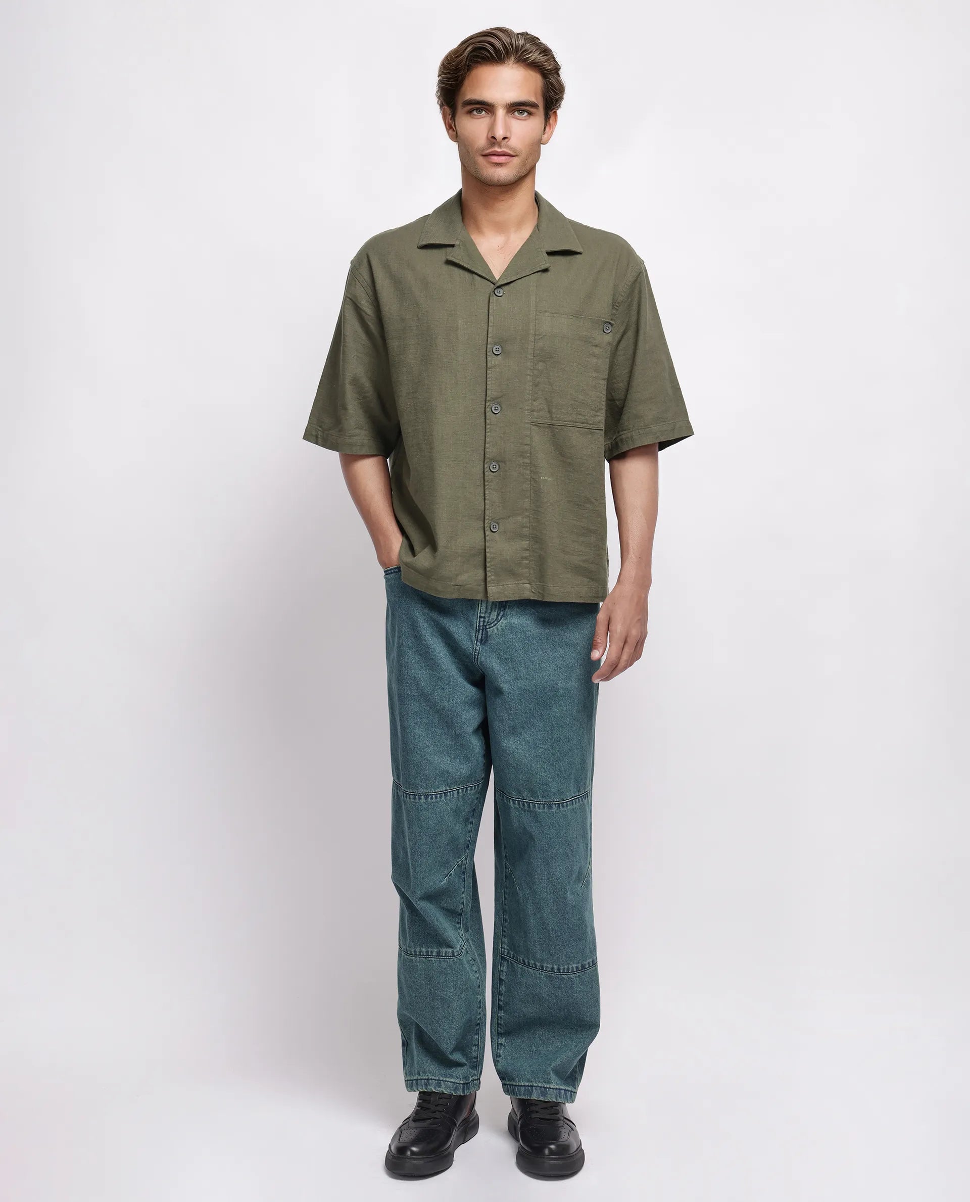 Rare Rabbit Men's Koba Olive Viscose Plain Boxy Fit Half Sleeve Cuban Collar Shirt