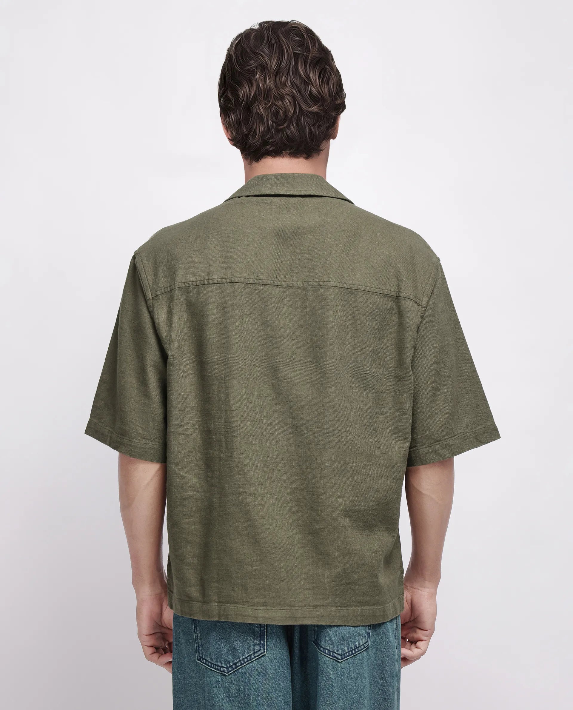 Rare Rabbit Men's Koba Olive Viscose Plain Boxy Fit Half Sleeve Cuban Collar Shirt