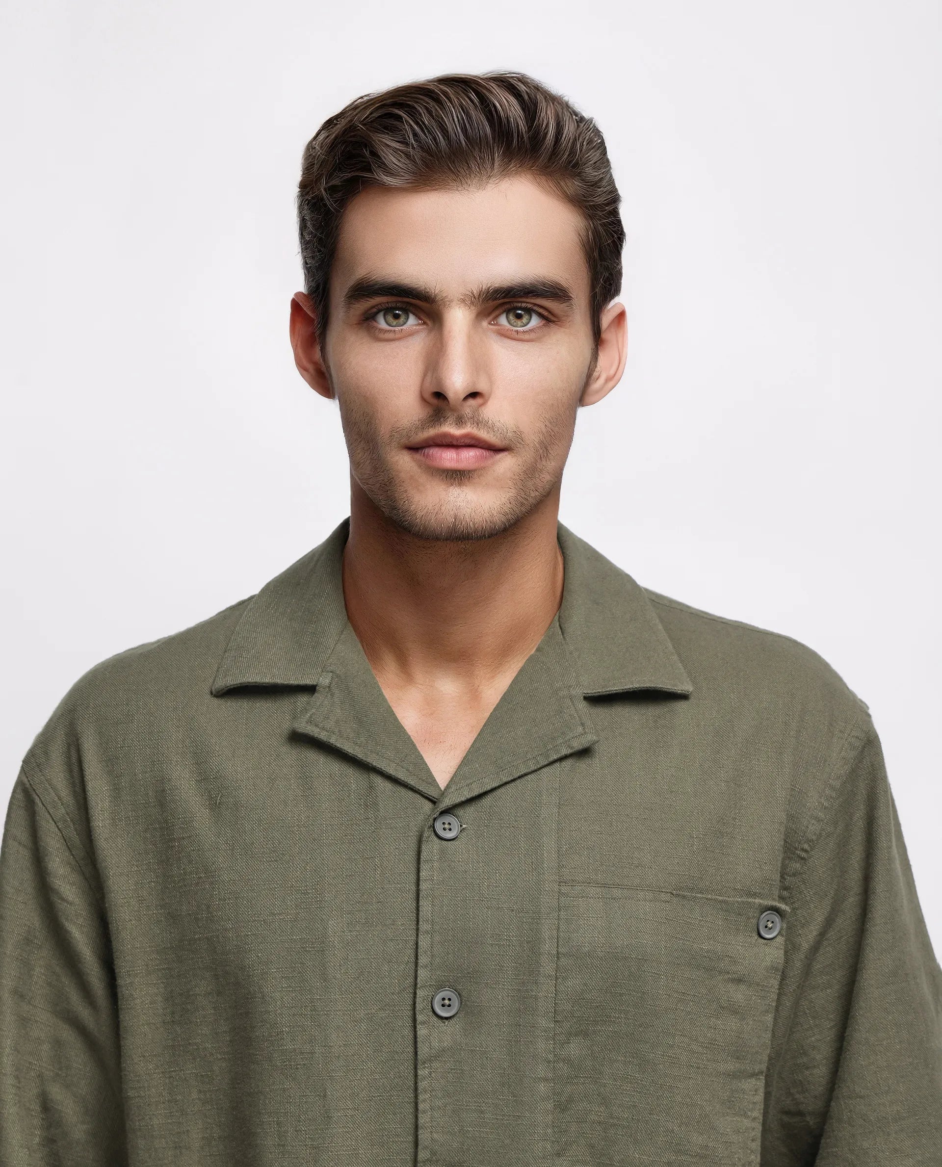 Rare Rabbit Men's Koba Olive Viscose Plain Boxy Fit Half Sleeve Cuban Collar Shirt