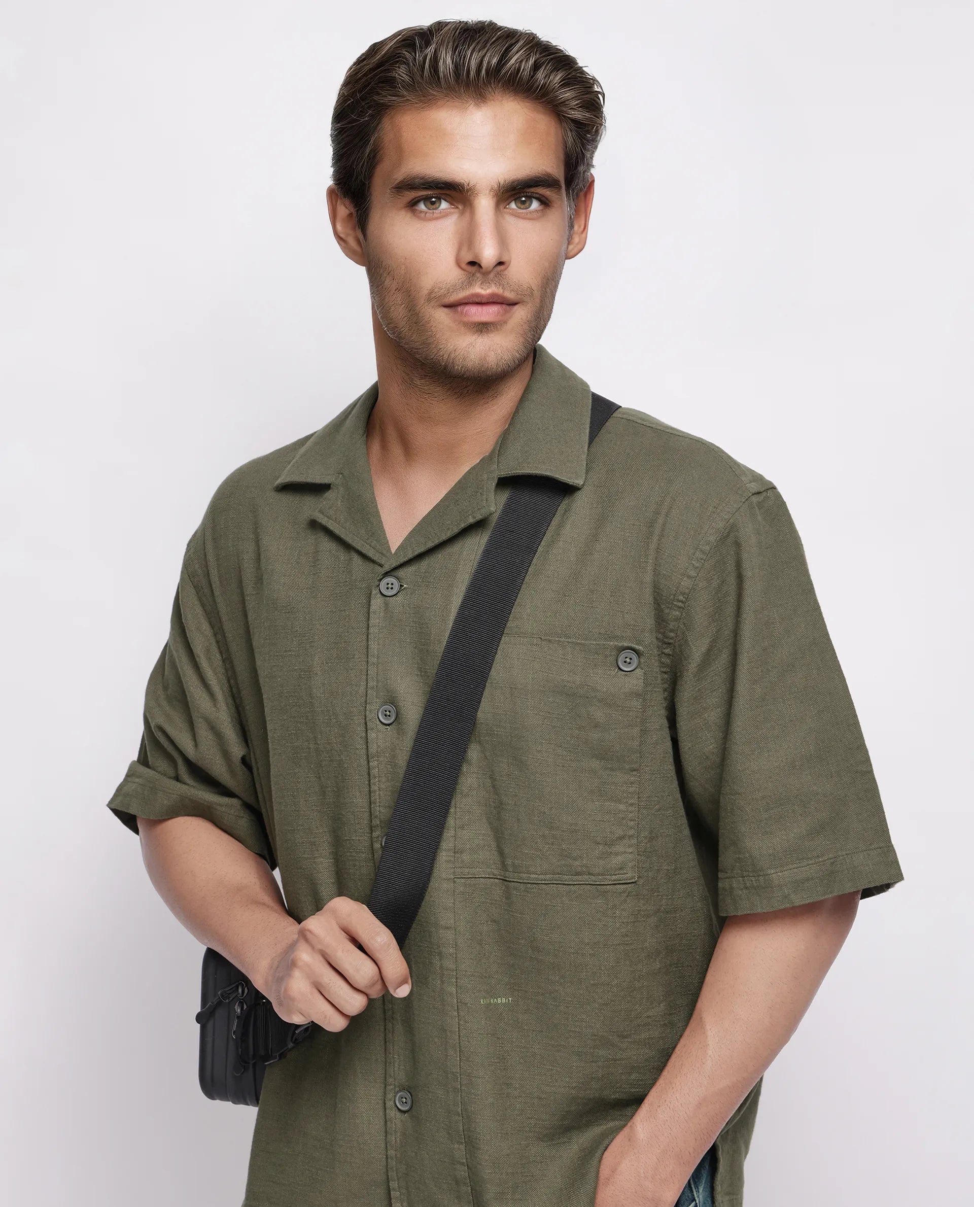 Rare Rabbit Men's Koba Olive Viscose Plain Boxy Fit Half Sleeve Cuban Collar Shirt