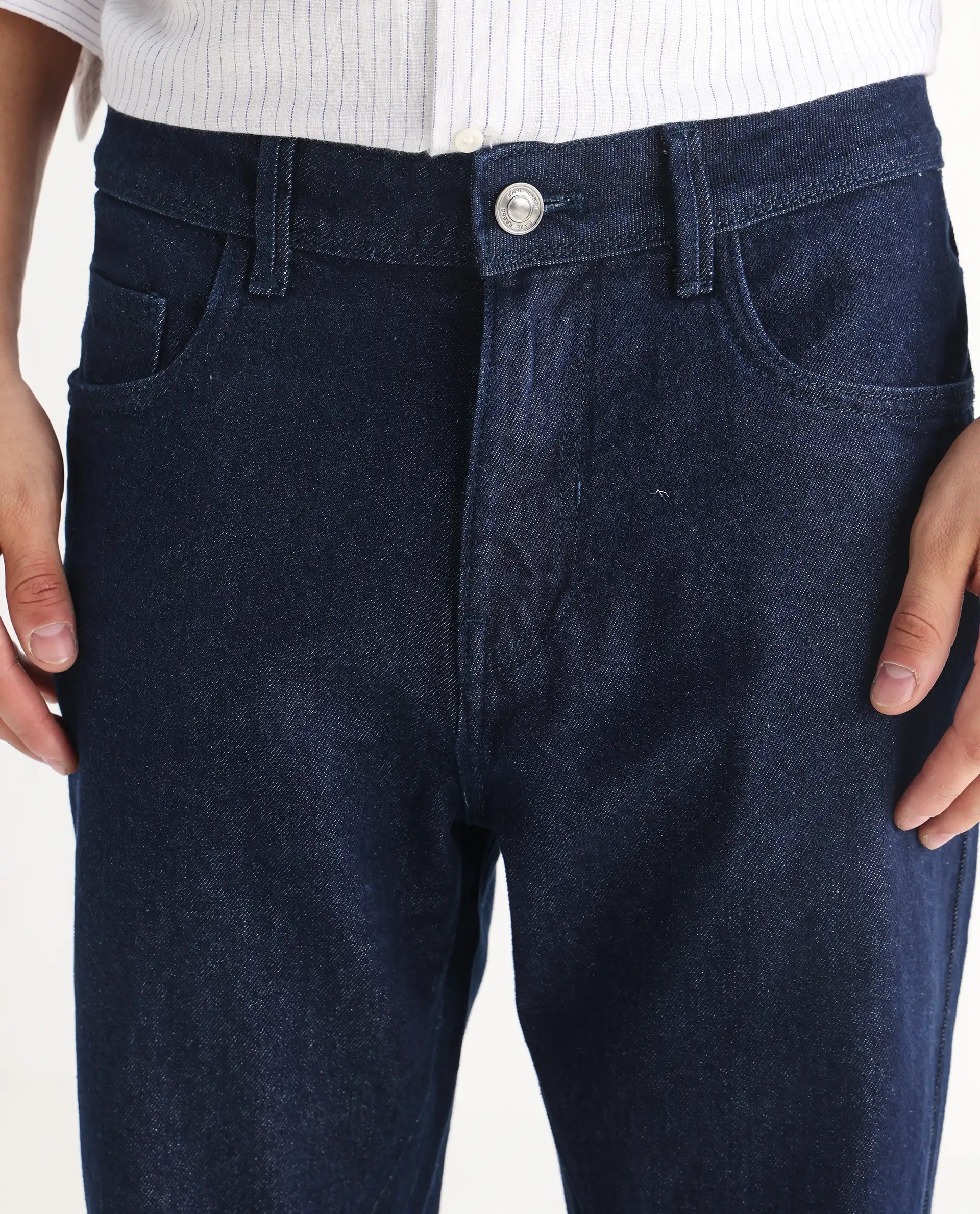 Rare Rabbit Men's Kobetor Dark Blue Cotton Plain Morris Regular Fit Jeans