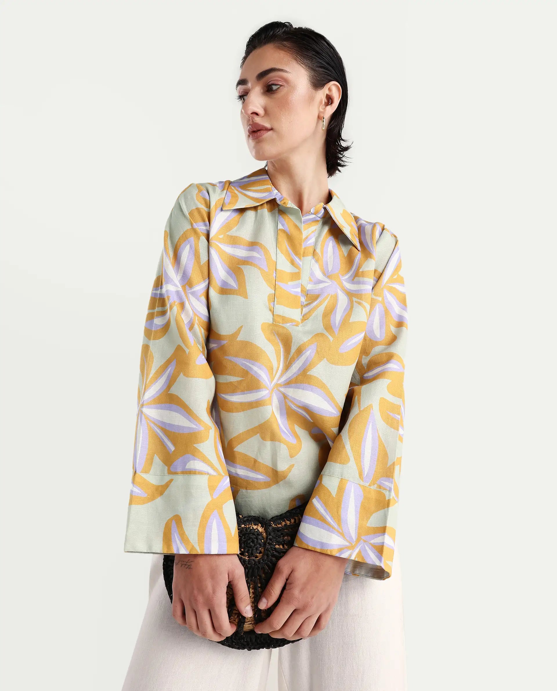 Rareism Women's Kofianie Brown Cotton Blend Drop Collar Abstract Print Bell Sleeve Regular Fit Top