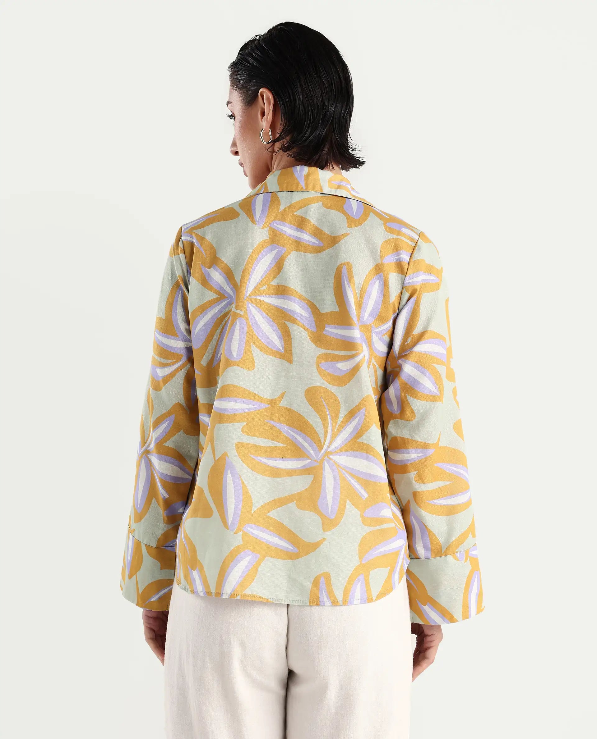 Rareism Women's Kofianie Brown Cotton Blend Drop Collar Abstract Print Bell Sleeve Regular Fit Top