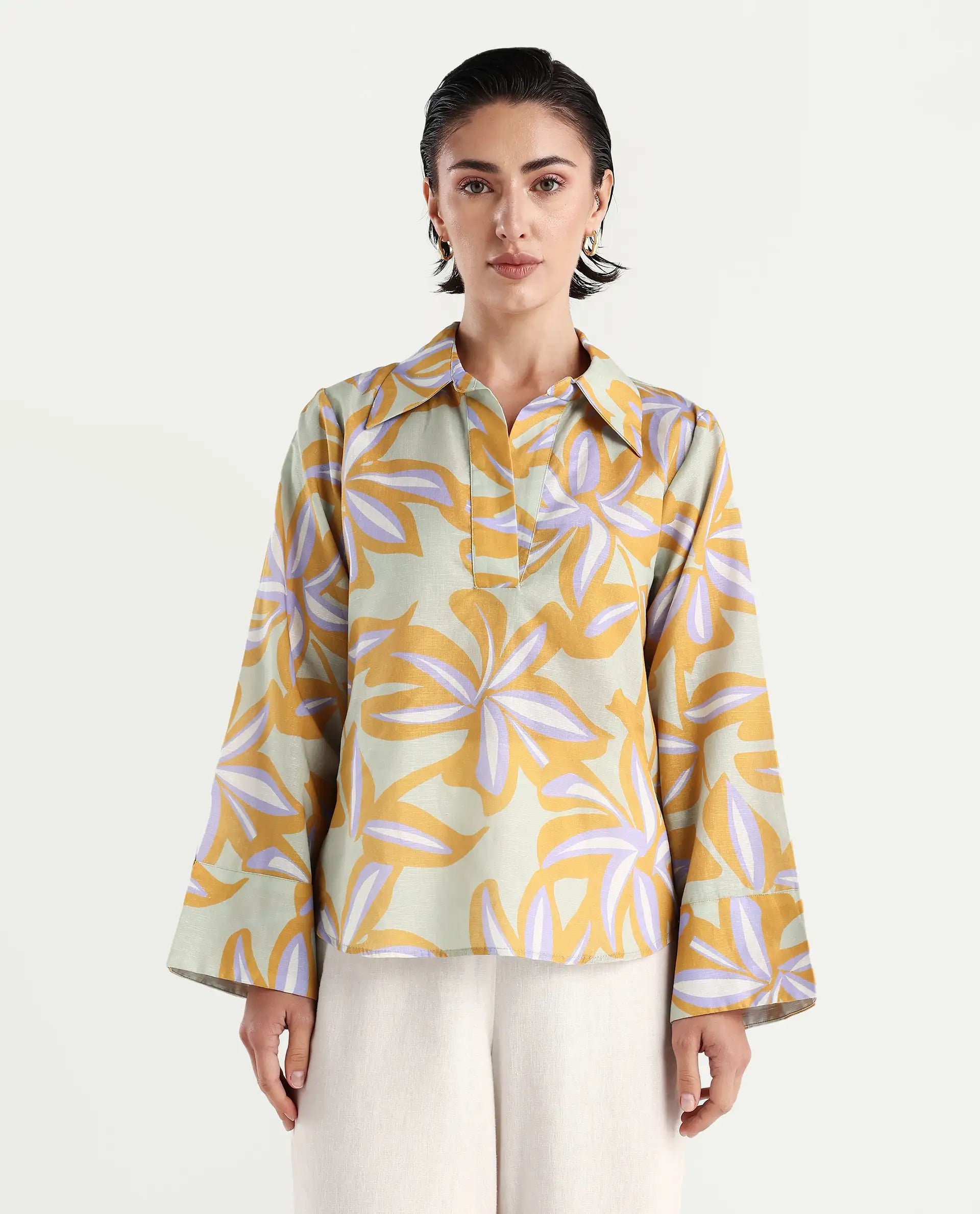 Rareism Women's Kofianie Brown Cotton Blend Drop Collar Abstract Print Bell Sleeve Regular Fit Top