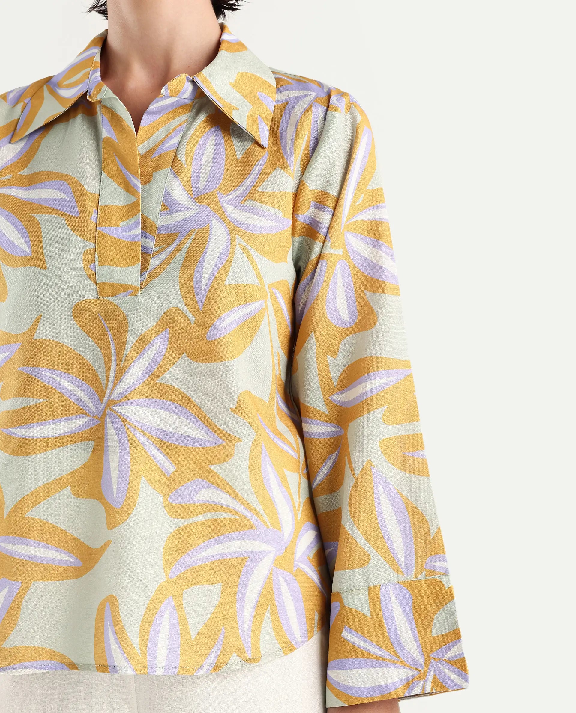 Rareism Women's Kofianie Brown Cotton Blend Drop Collar Abstract Print Bell Sleeve Regular Fit Top