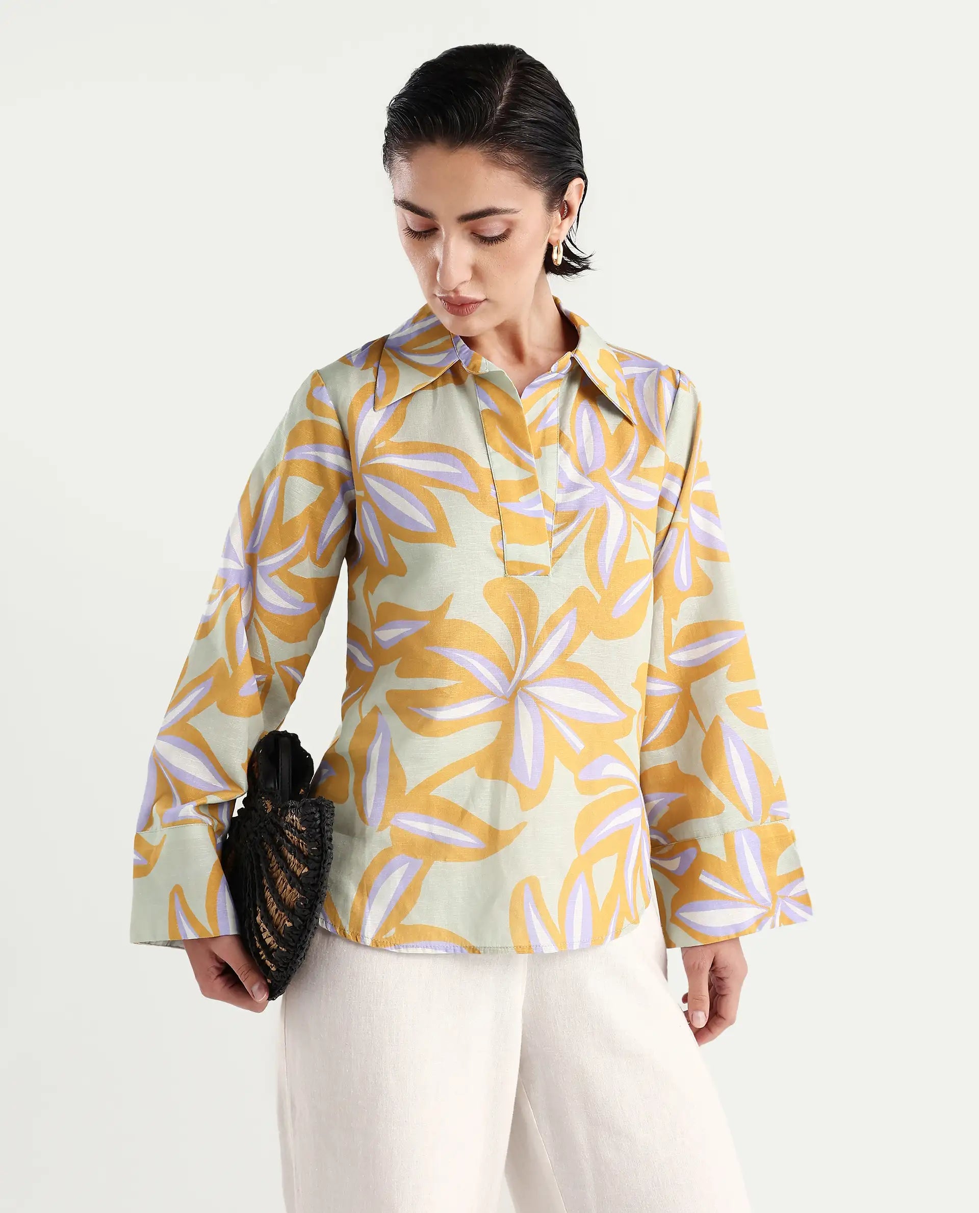 Rareism Women's Kofianie Brown Cotton Blend Drop Collar Abstract Print Bell Sleeve Regular Fit Top