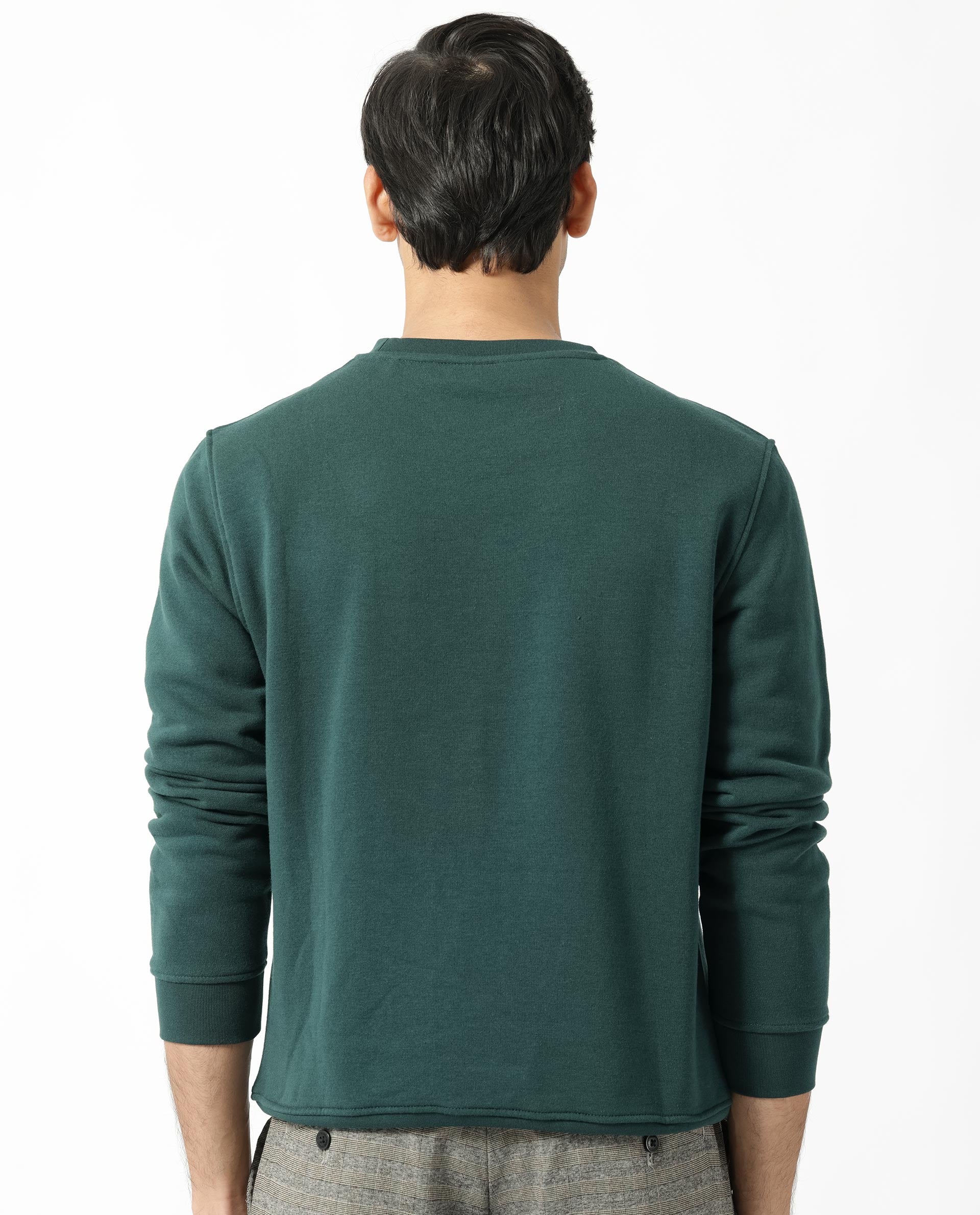 Rare Rabbit Men's Kofu Green Cotton Polyester Fabric Full Sleeves Logo Statement Print Knitted Sweatshirt