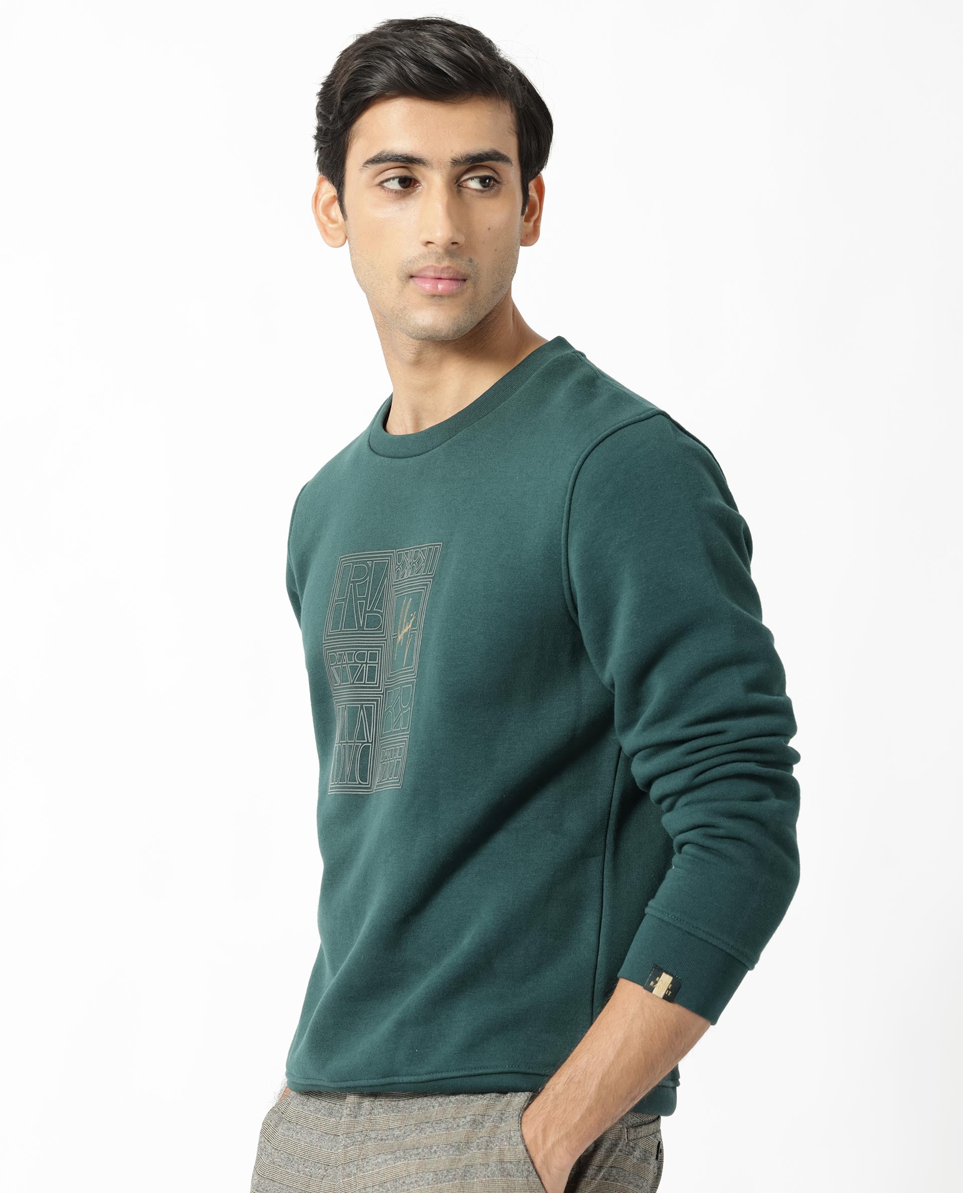 Rare Rabbit Men's Kofu Green Cotton Polyester Fabric Full Sleeves Logo Statement Print Knitted Sweatshirt