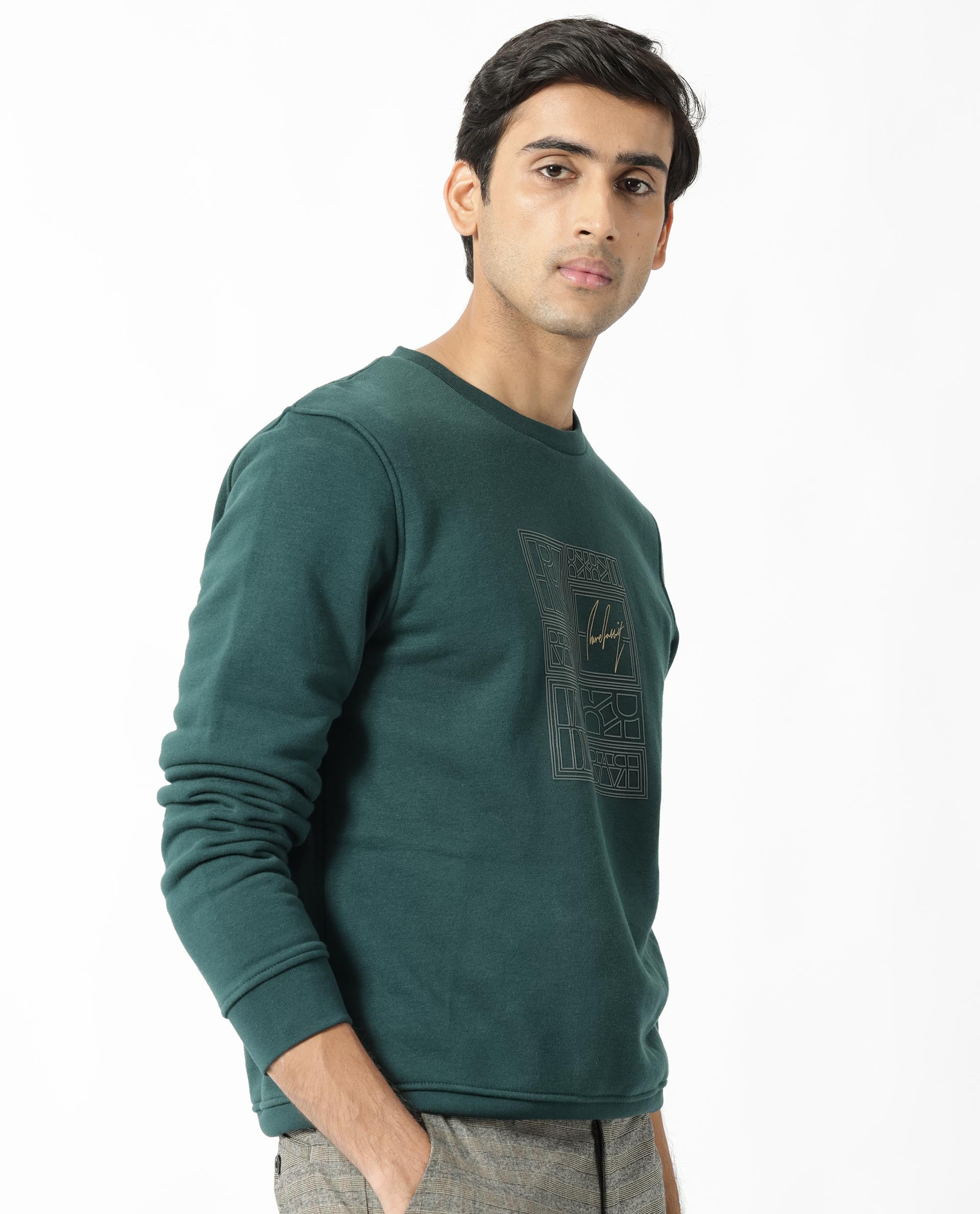 Rare Rabbit Men's Kofu Green Cotton Polyester Fabric Full Sleeves Logo Statement Print Knitted Sweatshirt