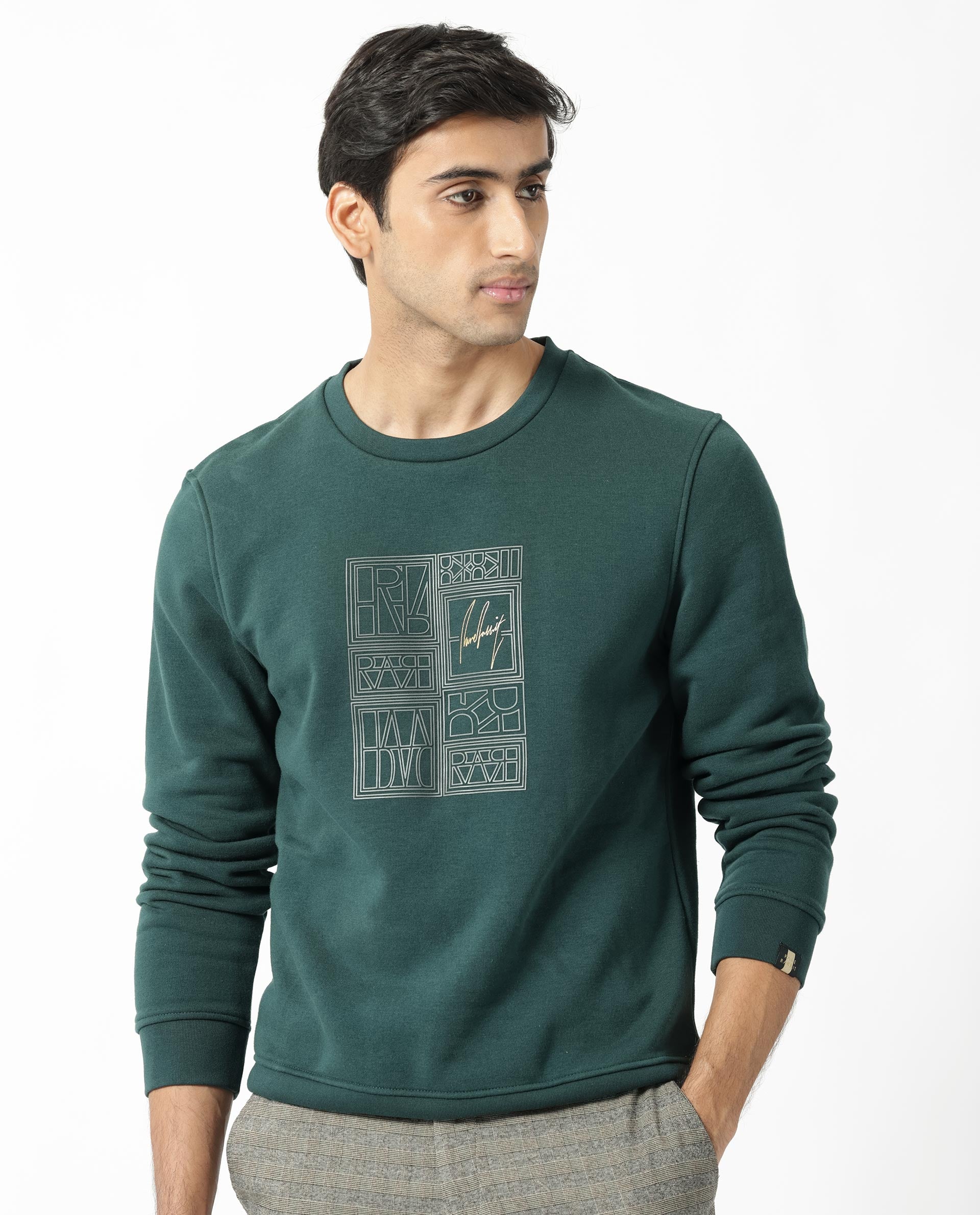 Rare Rabbit Men's Kofu Green Cotton Polyester Fabric Full Sleeves Logo Statement Print Knitted Sweatshirt