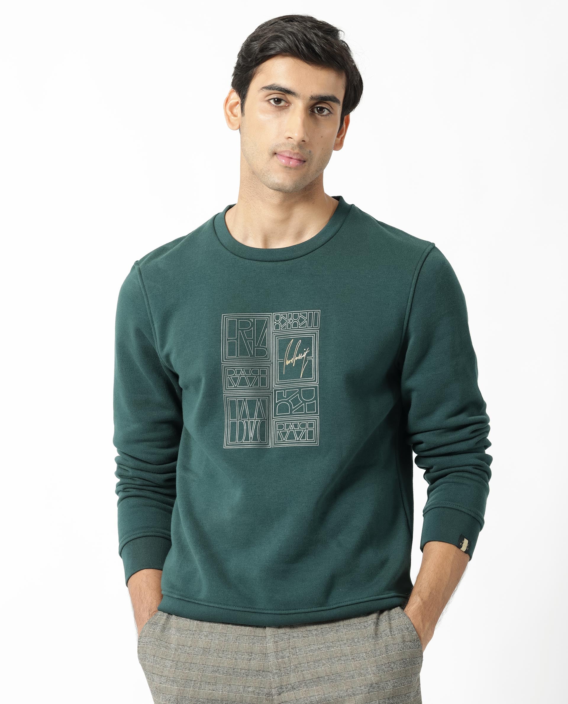 Rare Rabbit Men's Kofu Green Cotton Polyester Fabric Full Sleeves Logo Statement Print Knitted Sweatshirt