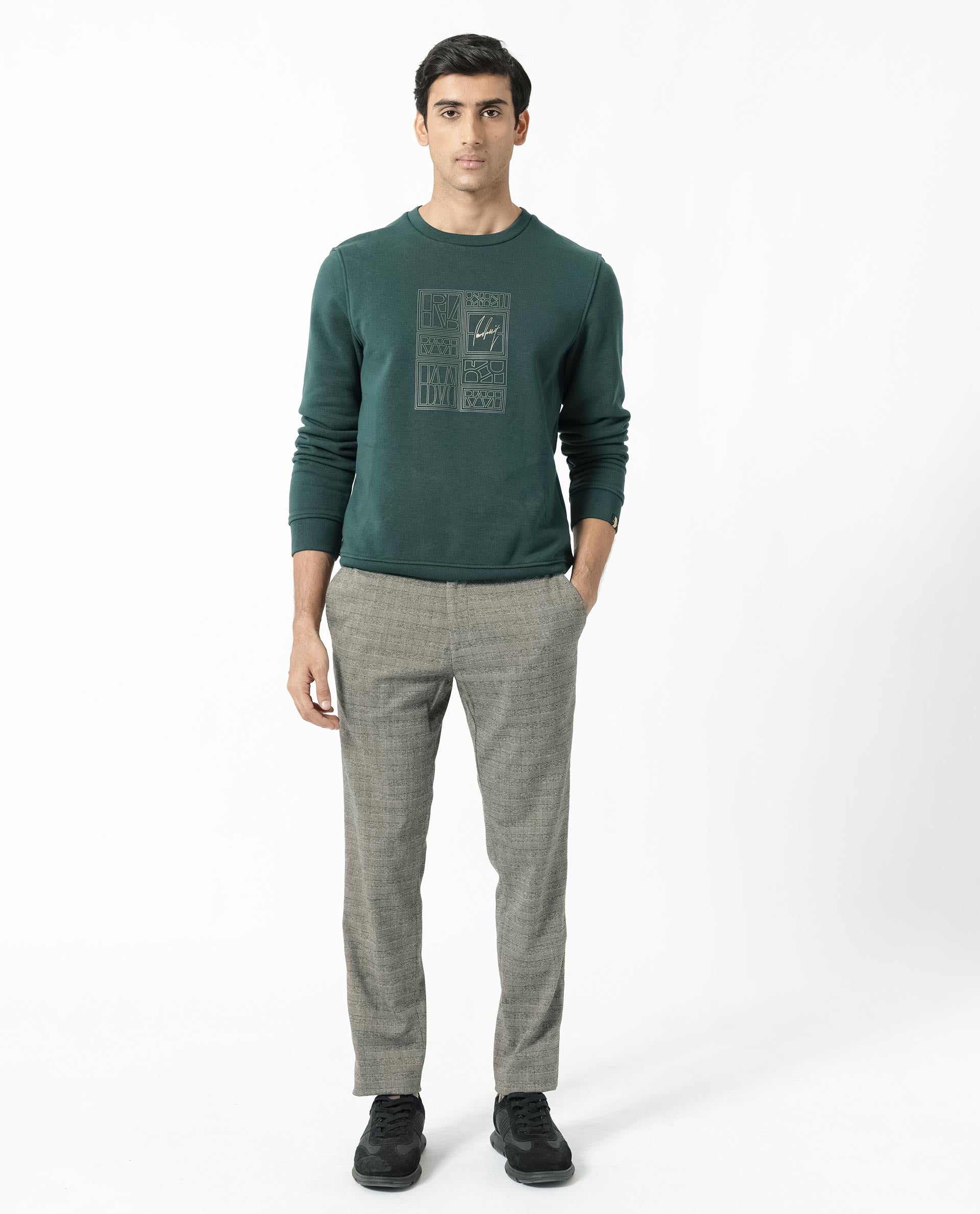 Rare Rabbit Men's Kofu Green Cotton Polyester Fabric Full Sleeves Logo Statement Print Knitted Sweatshirt