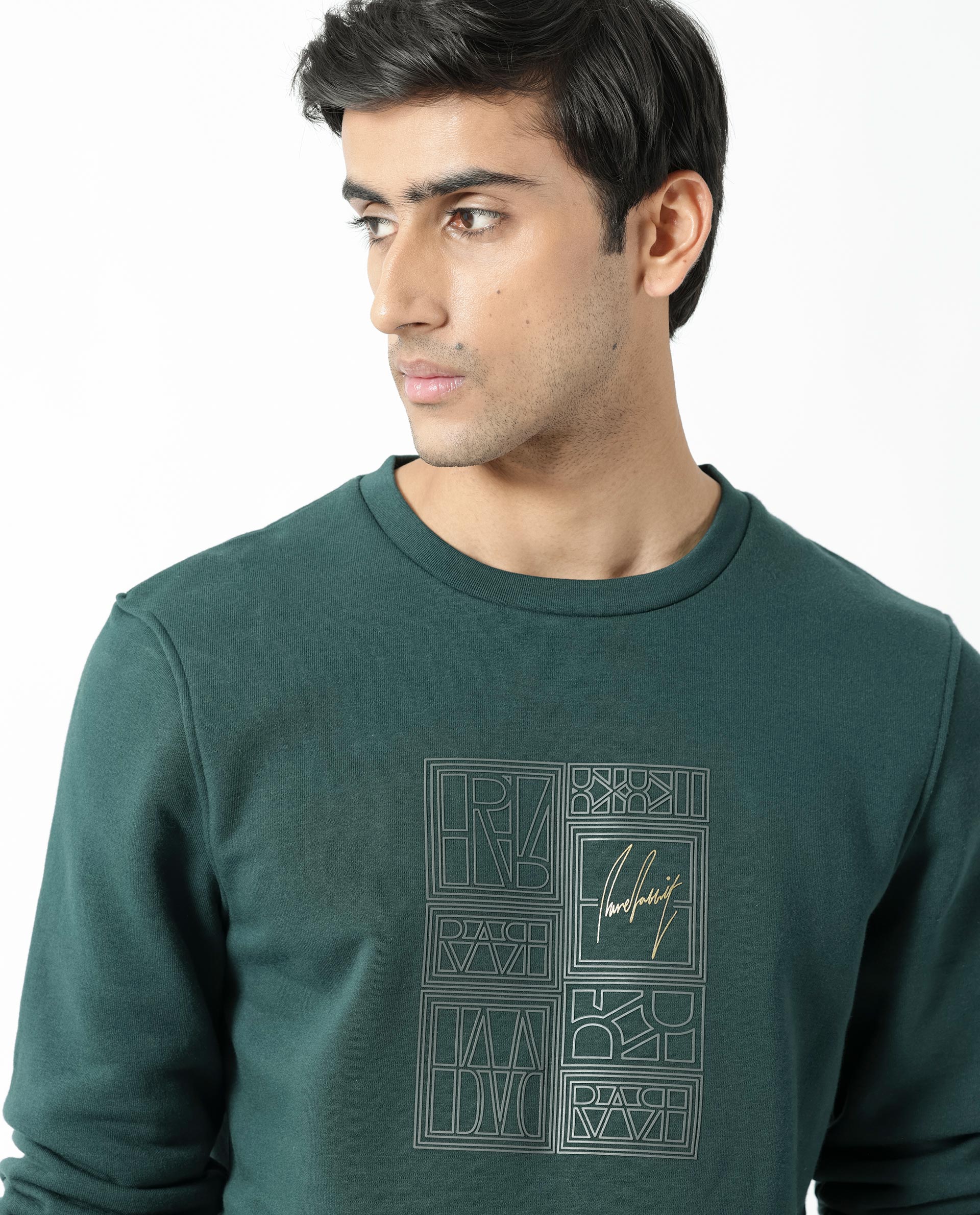 Rare Rabbit Men's Kofu Green Cotton Polyester Fabric Full Sleeves Logo Statement Print Knitted Sweatshirt