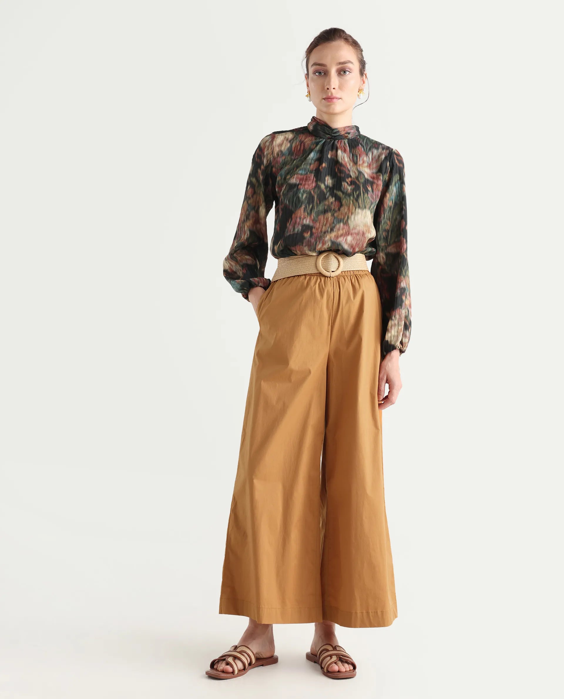 Rareism Women's Kofu Light Brown Cotton Plain Ankle Length Flared Trouser