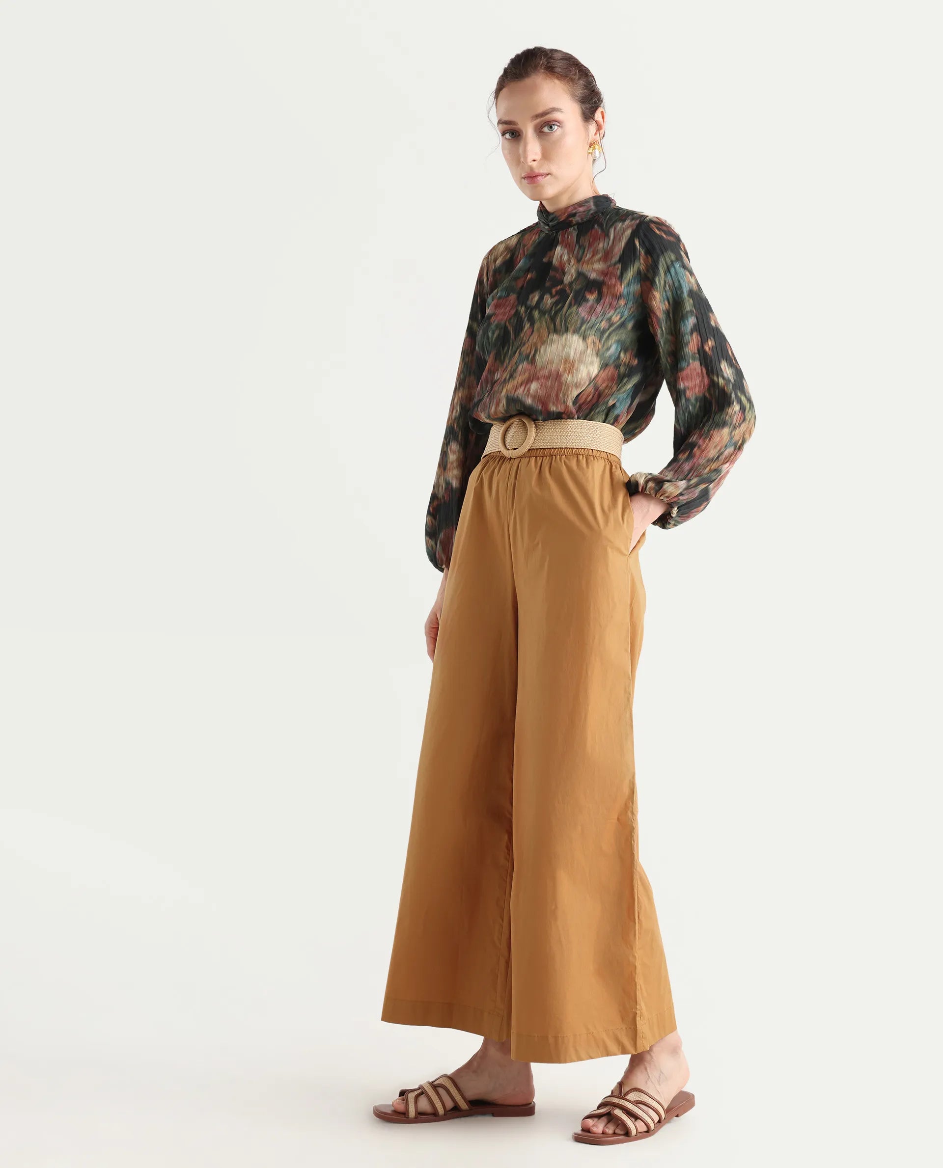 Rareism Women's Kofu Light Brown Cotton Plain Ankle Length Flared Trouser