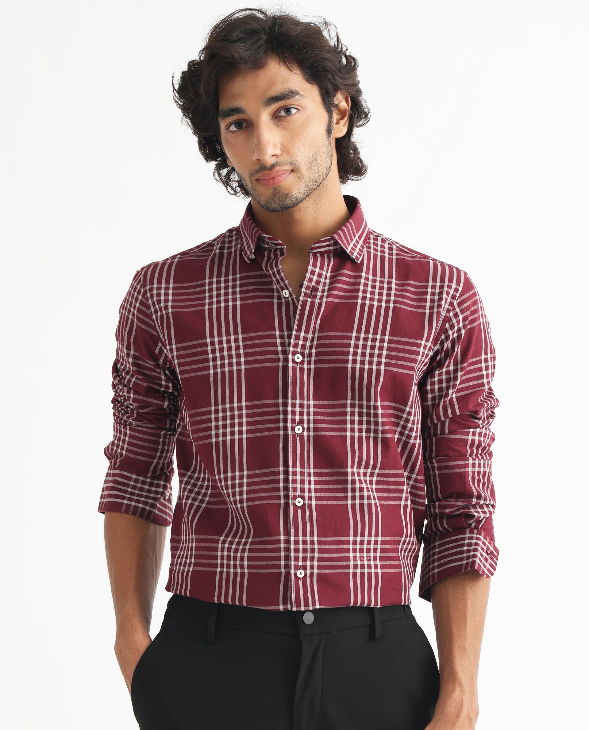 RARE RABBIT MEN'S KOLIND DARK MAROON SHIRT FULL SLEEVES COTTON FABRIC CHECKS