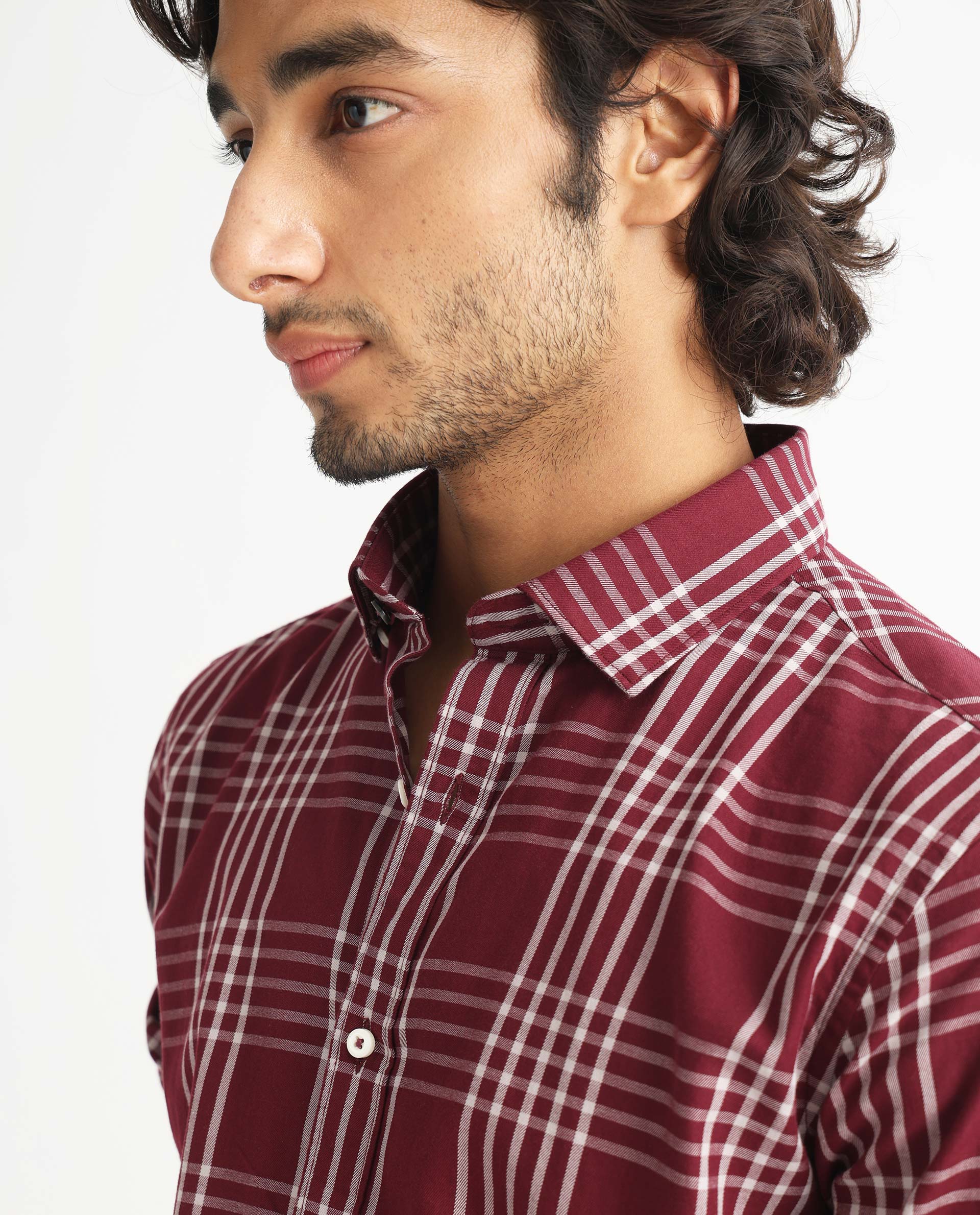 RARE RABBIT MEN'S KOLIND DARK MAROON SHIRT FULL SLEEVES COTTON FABRIC CHECKS