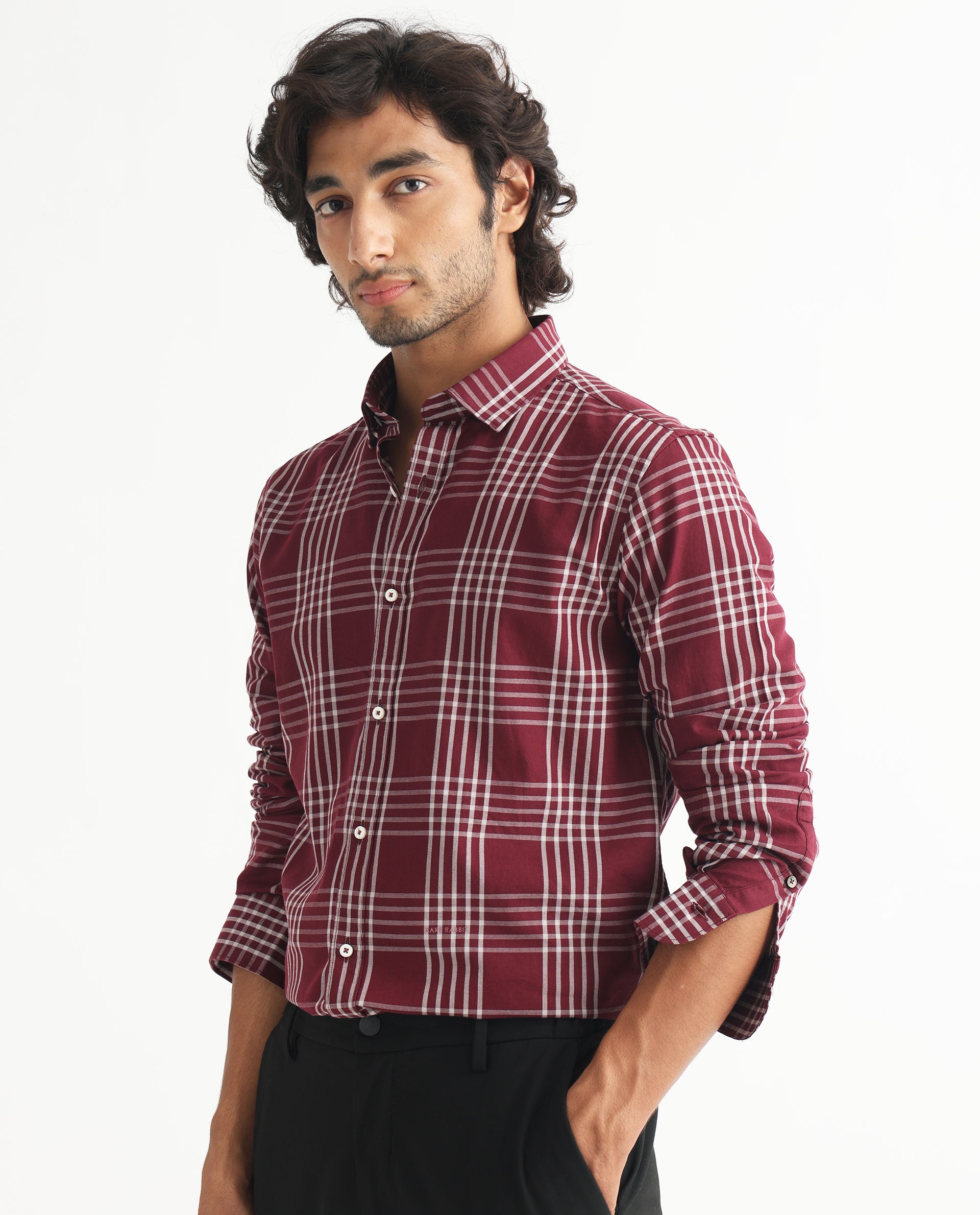 RARE RABBIT MEN'S KOLIND DARK MAROON SHIRT FULL SLEEVES COTTON FABRIC CHECKS