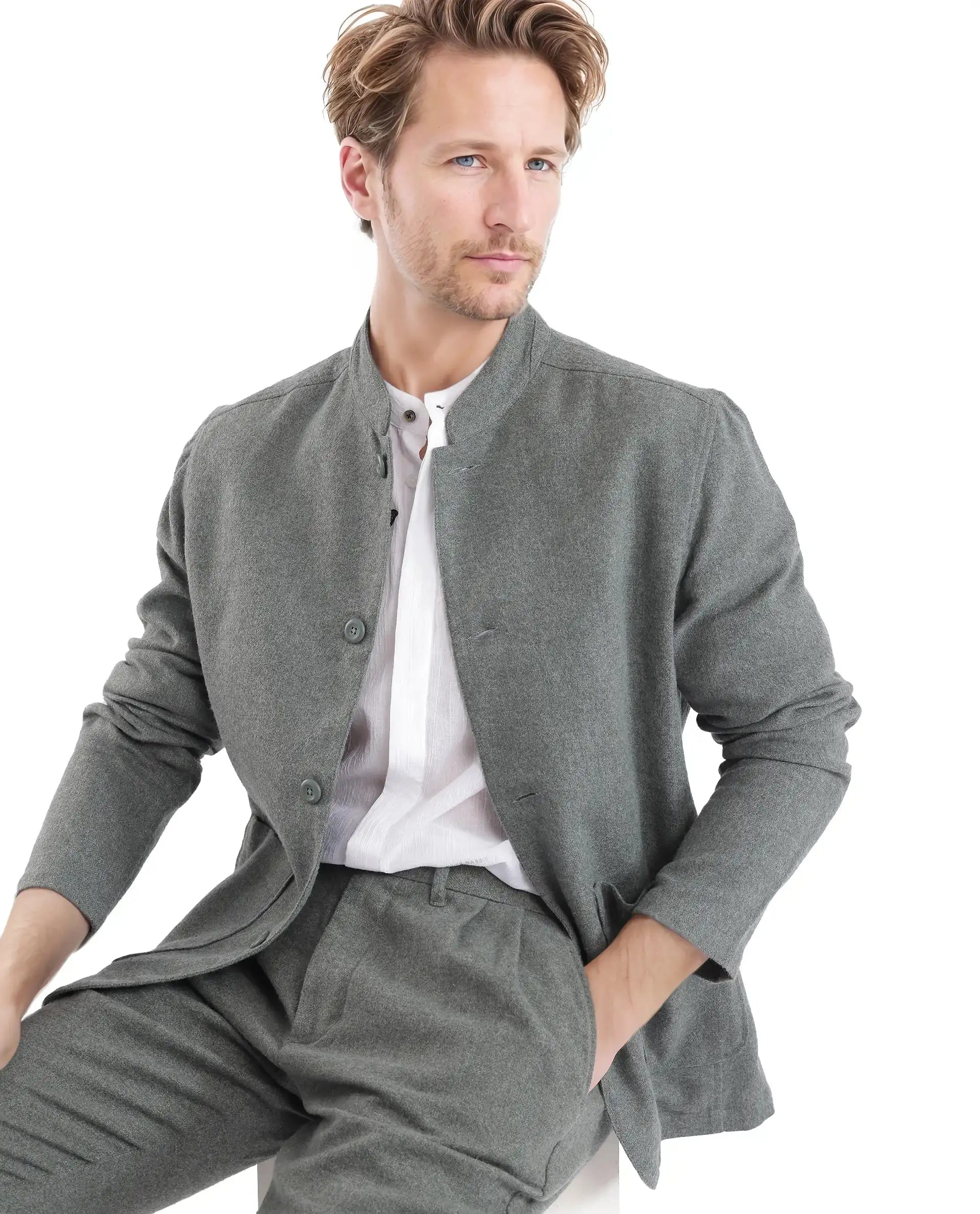 Rare Rabbit Men's Kolo Dark Green Mandarin Collar Full Sleeve Mercury Twill Shacket