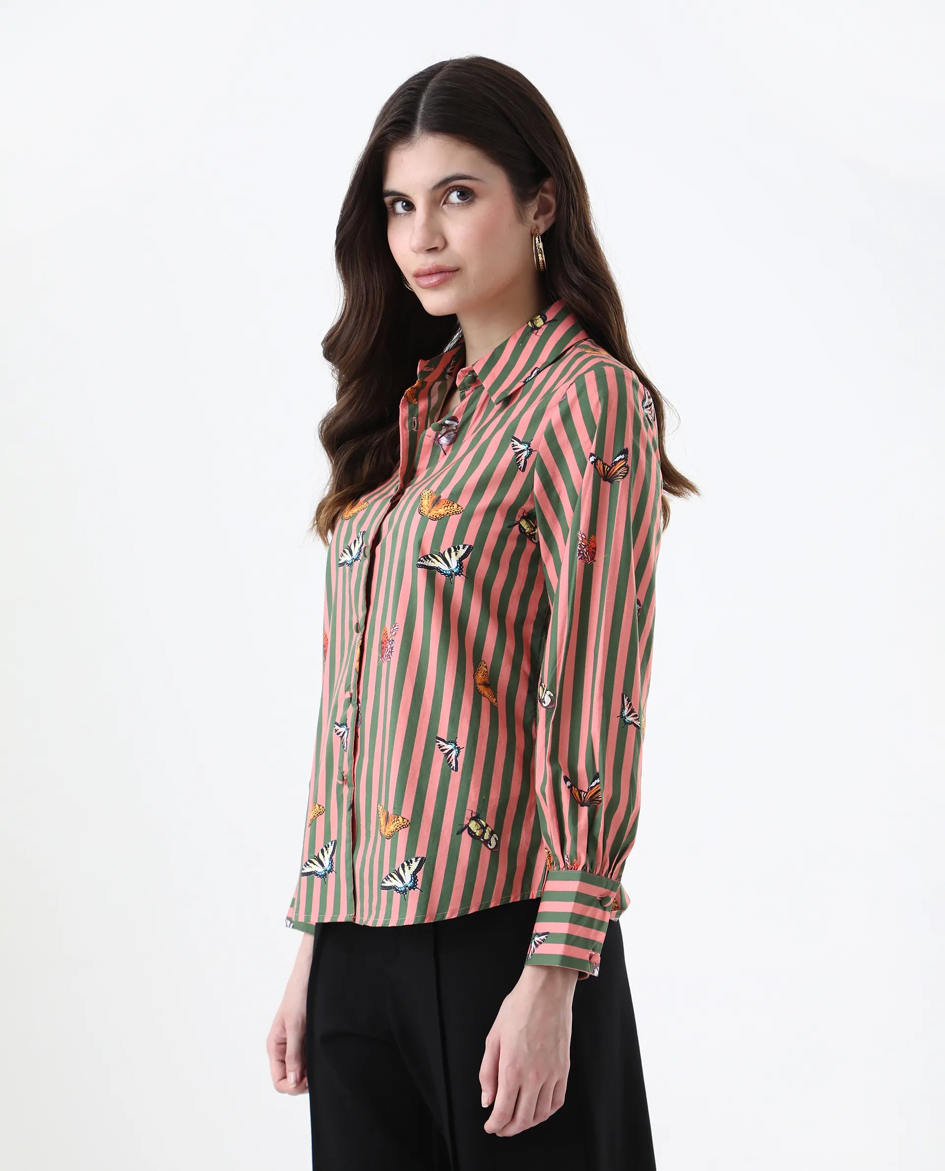 Rareism Women's Kolvo Multi Cotton Spread Collar Striped Bishop Sleeve Regular Fit Top