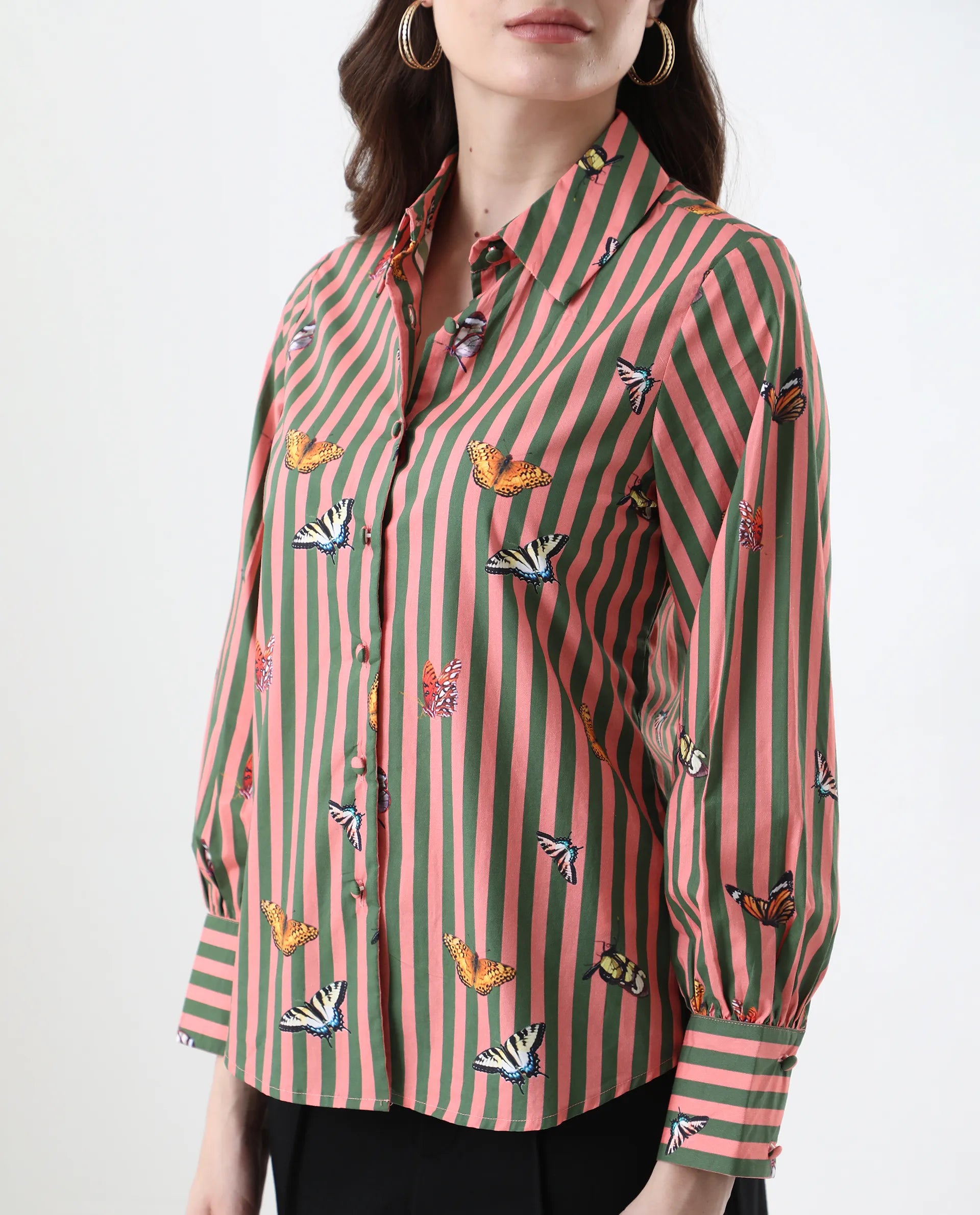 Rareism Women's Kolvo Multi Cotton Spread Collar Striped Bishop Sleeve Regular Fit Top