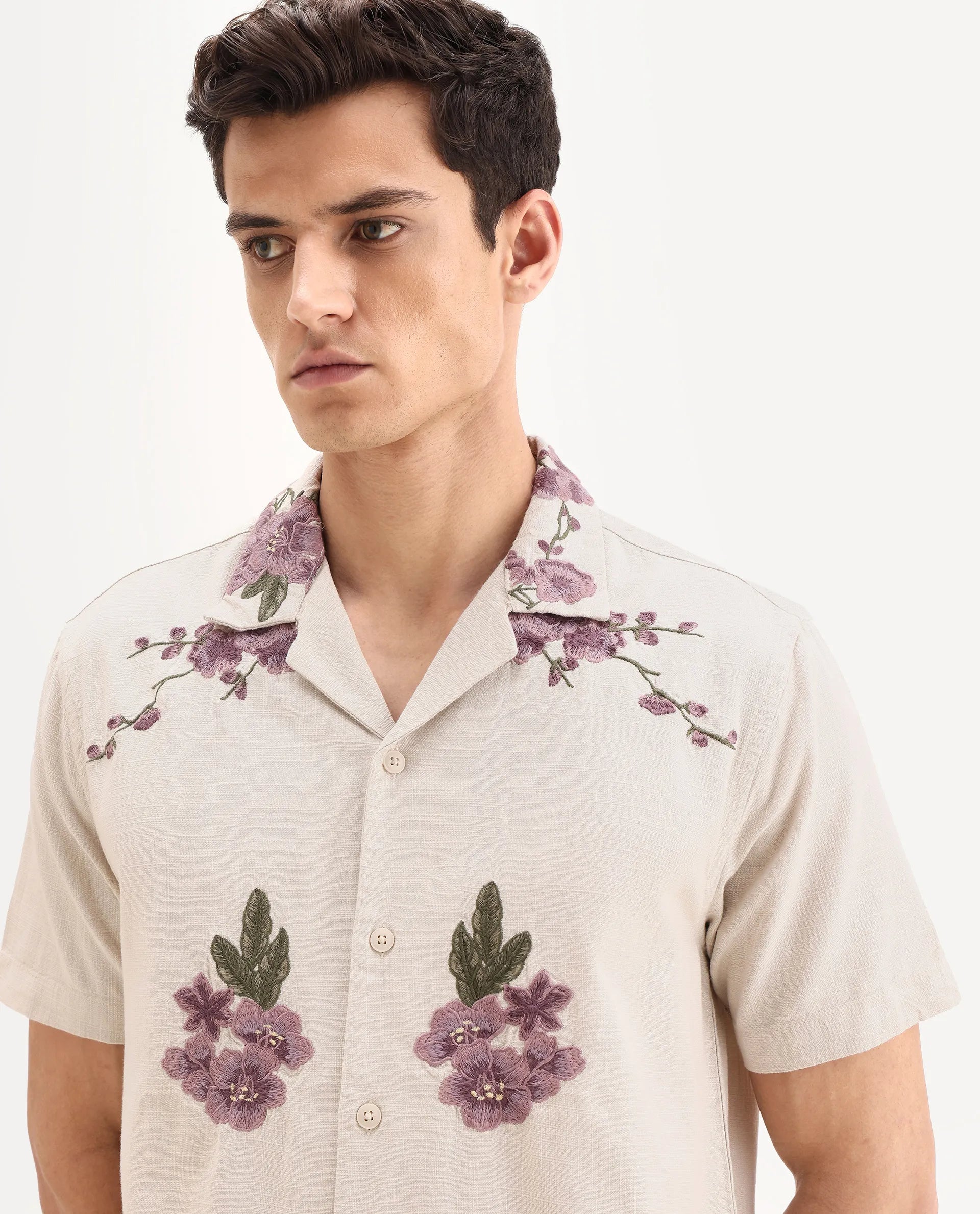 Rare Rabbit Men's Kone Off White Cotton Blend Embroidered Boxy Fit Half Sleeve Cuban Collar Shirt