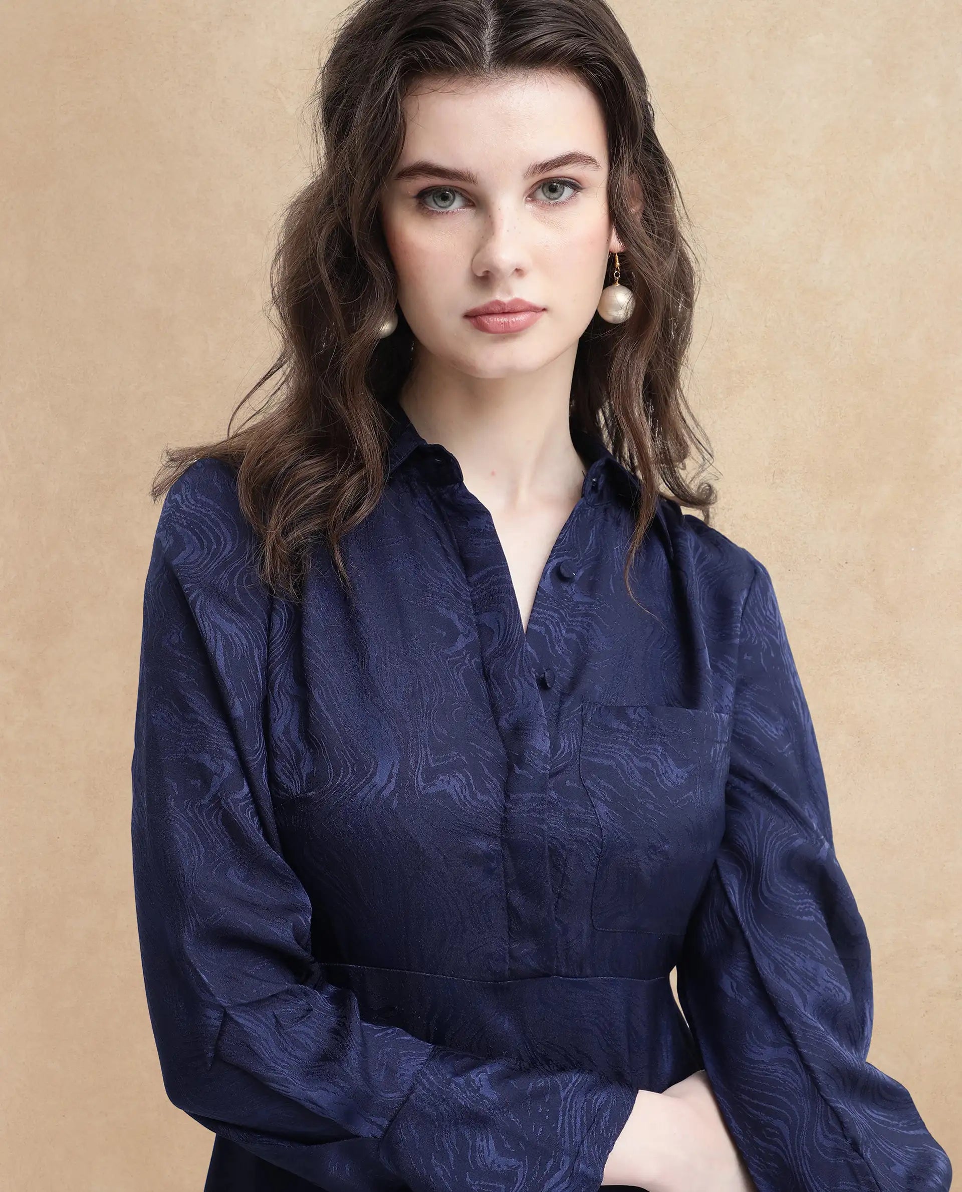 Rareism Women's Kono Navy Polyester Drop Collar Plain Cuffed Sleeve Midi Fit And Flare Dress