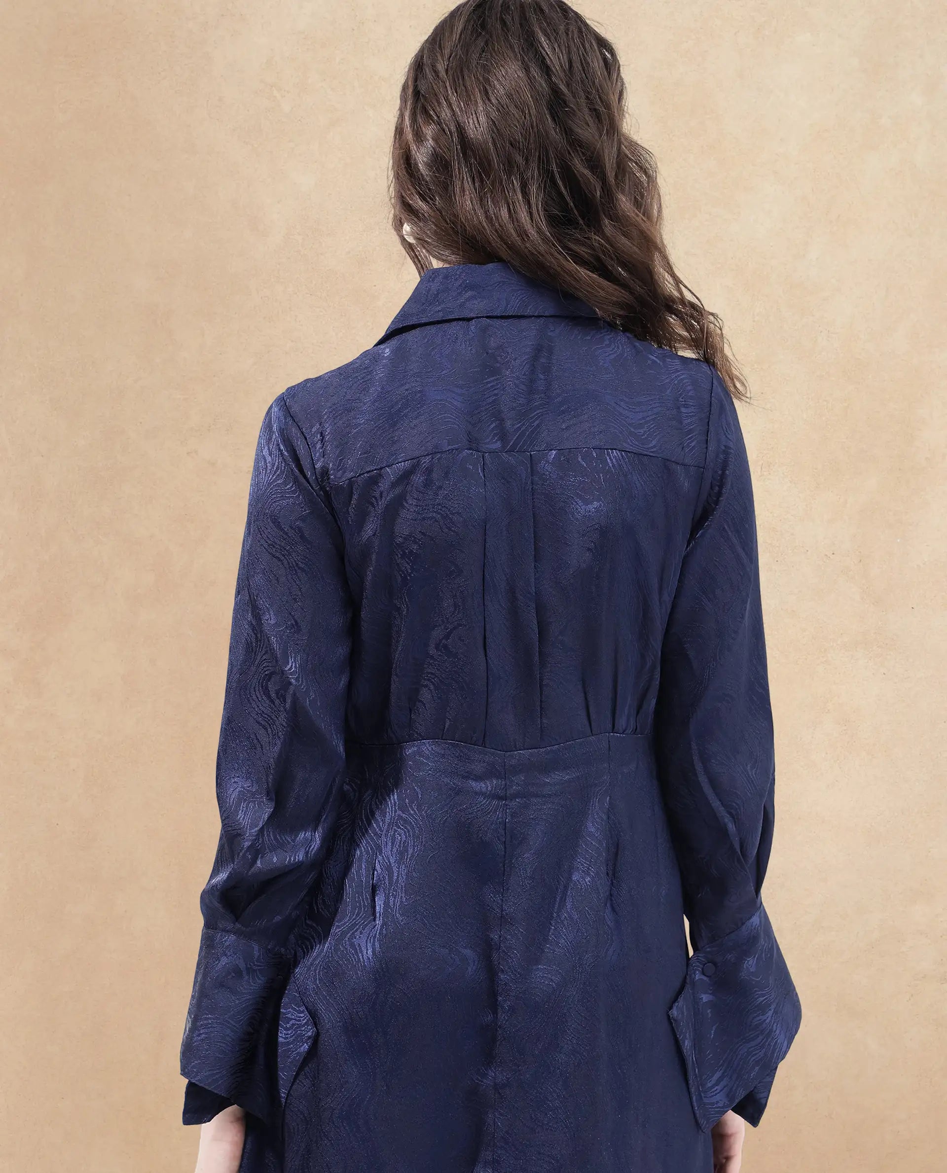 Rareism Women's Kono Navy Polyester Drop Collar Plain Cuffed Sleeve Midi Fit And Flare Dress