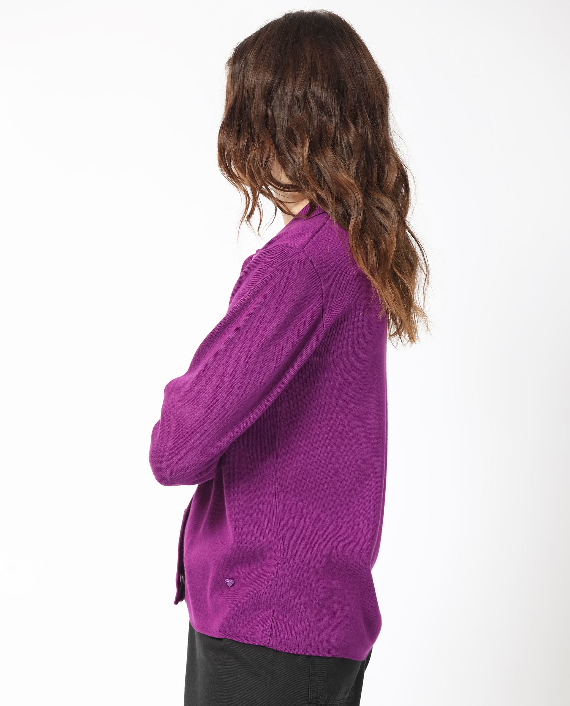 Rareism Women Korn Purple Viscose Fabric Full Sleeves Button Closure Shirt Collar Regular Fit Plain Sweater