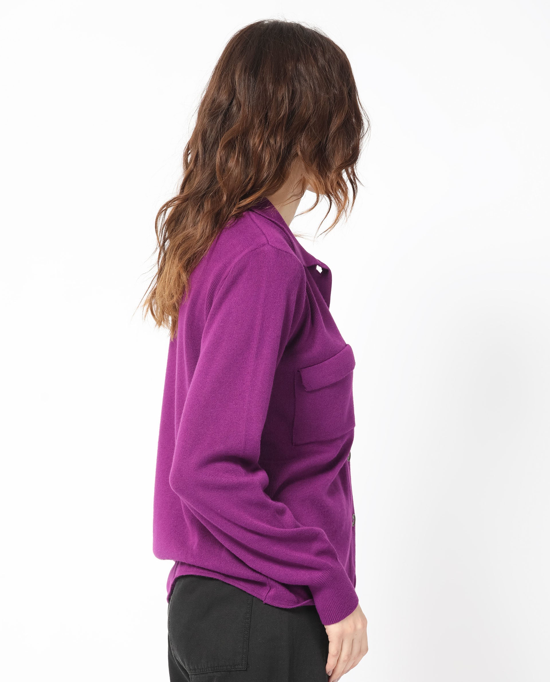 Rareism Women Korn Purple Viscose Fabric Full Sleeves Button Closure Shirt Collar Regular Fit Plain Sweater
