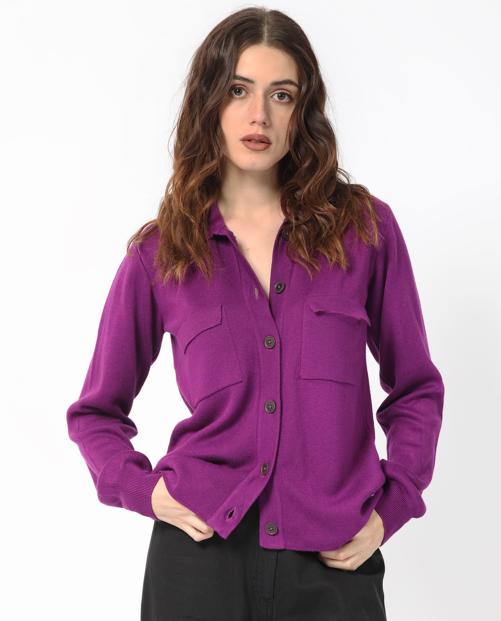 Rareism Women Korn Purple Viscose Fabric Full Sleeves Button Closure Shirt Collar Regular Fit Plain Sweater