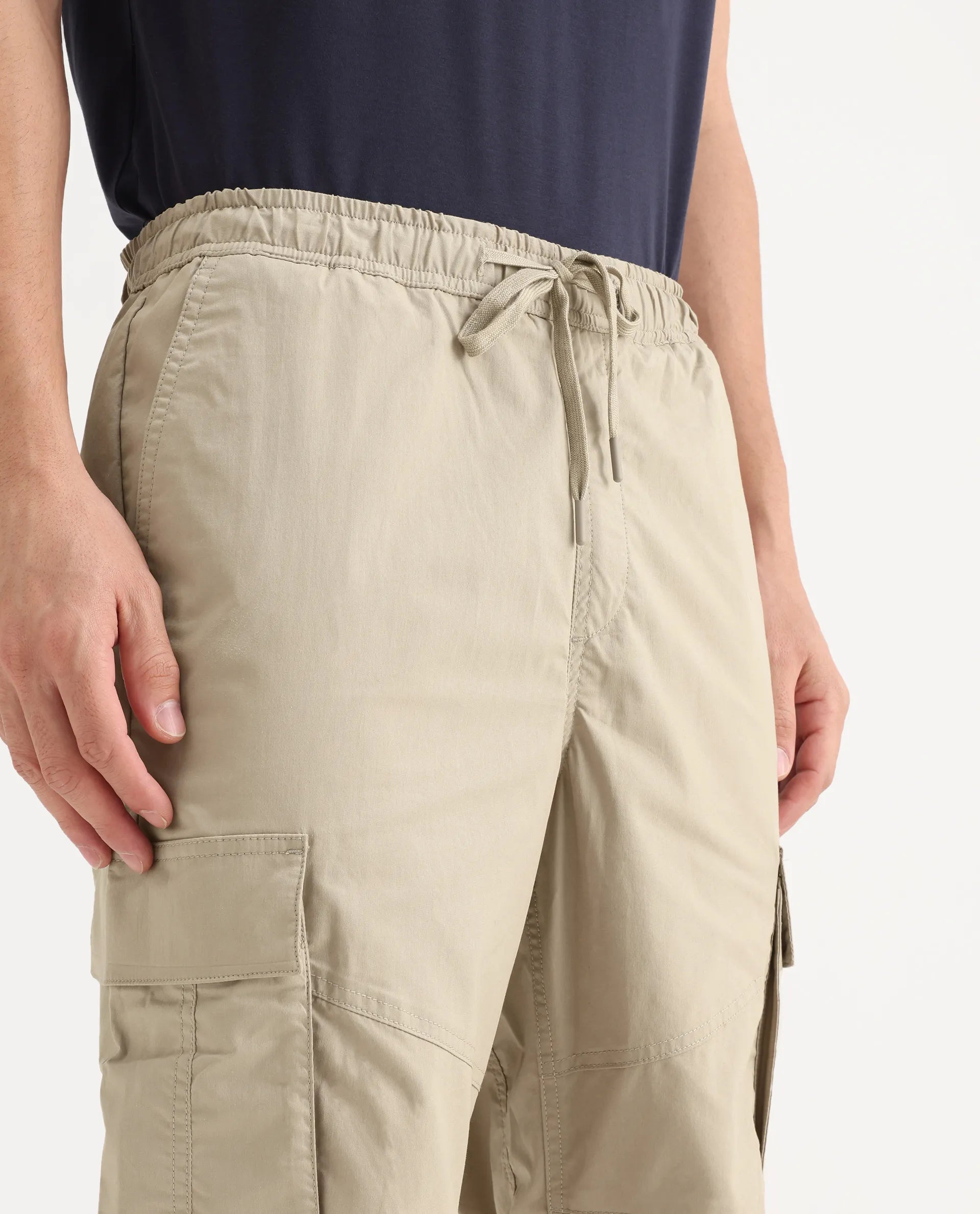 Rare Rabbit Men's Korb Beige Cotton Blend Plain Relaxed Fit Trouser