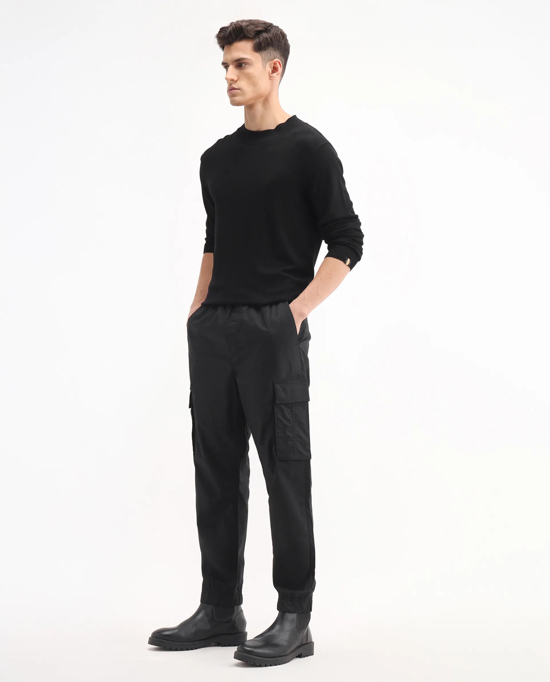 Rare Rabbit Men's Korb Black Cotton Blend Plain Relaxed Fit Trouser