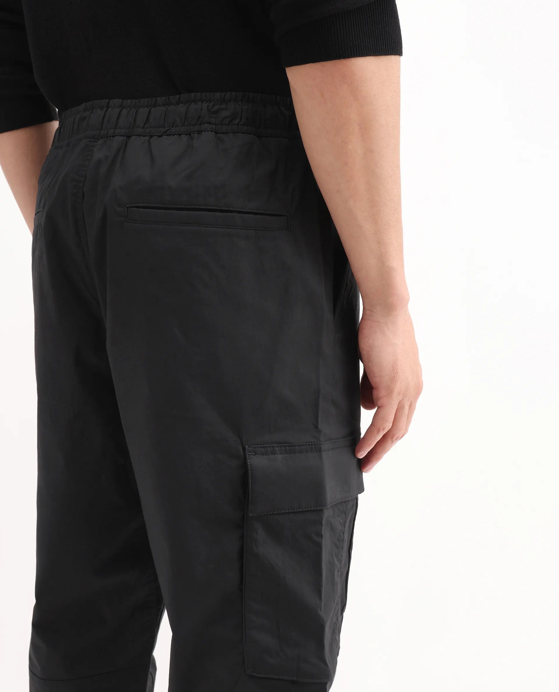 Rare Rabbit Men's Korb Black Cotton Blend Plain Relaxed Fit Trouser