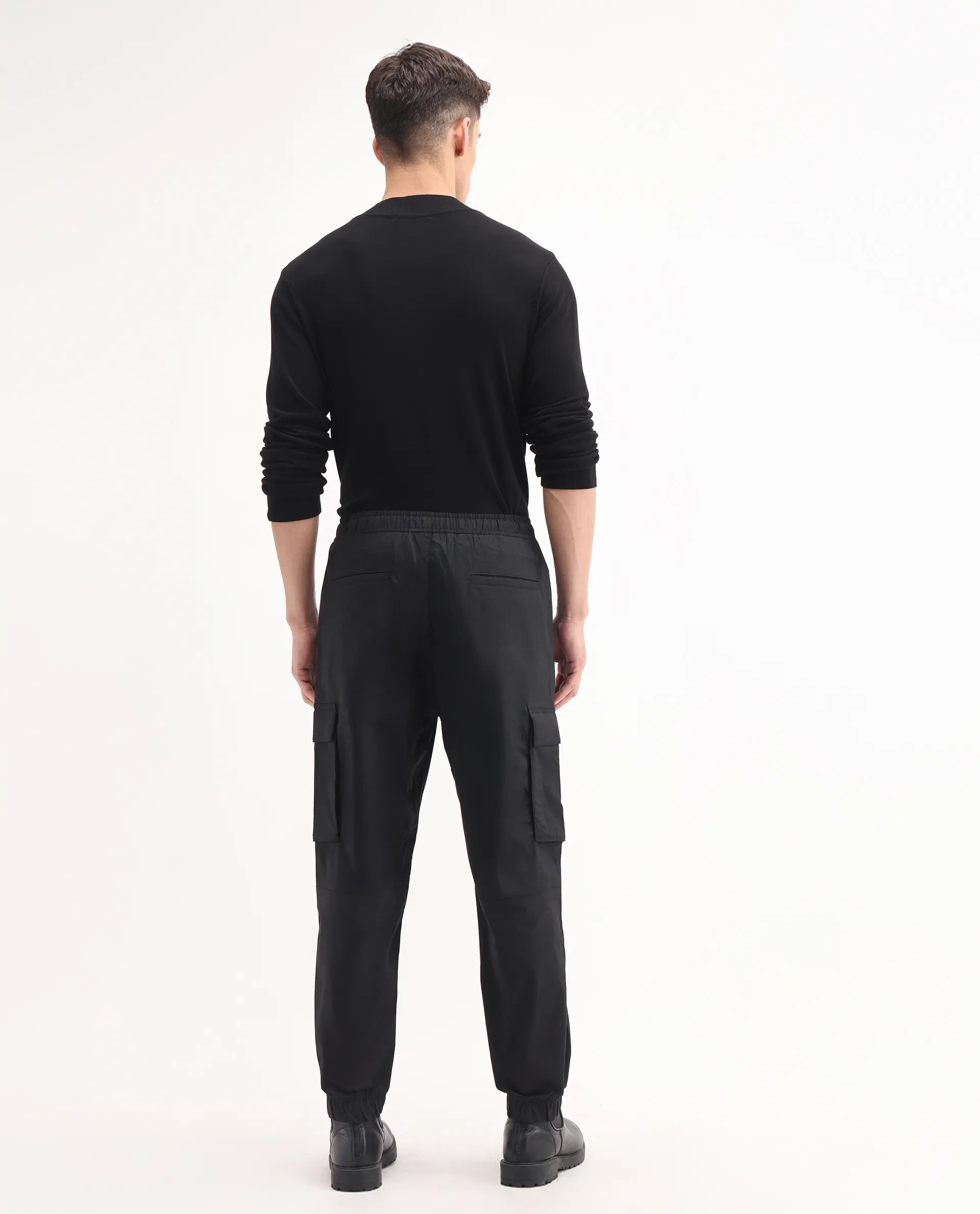 Rare Rabbit Men's Korb Black Cotton Blend Plain Relaxed Fit Trouser