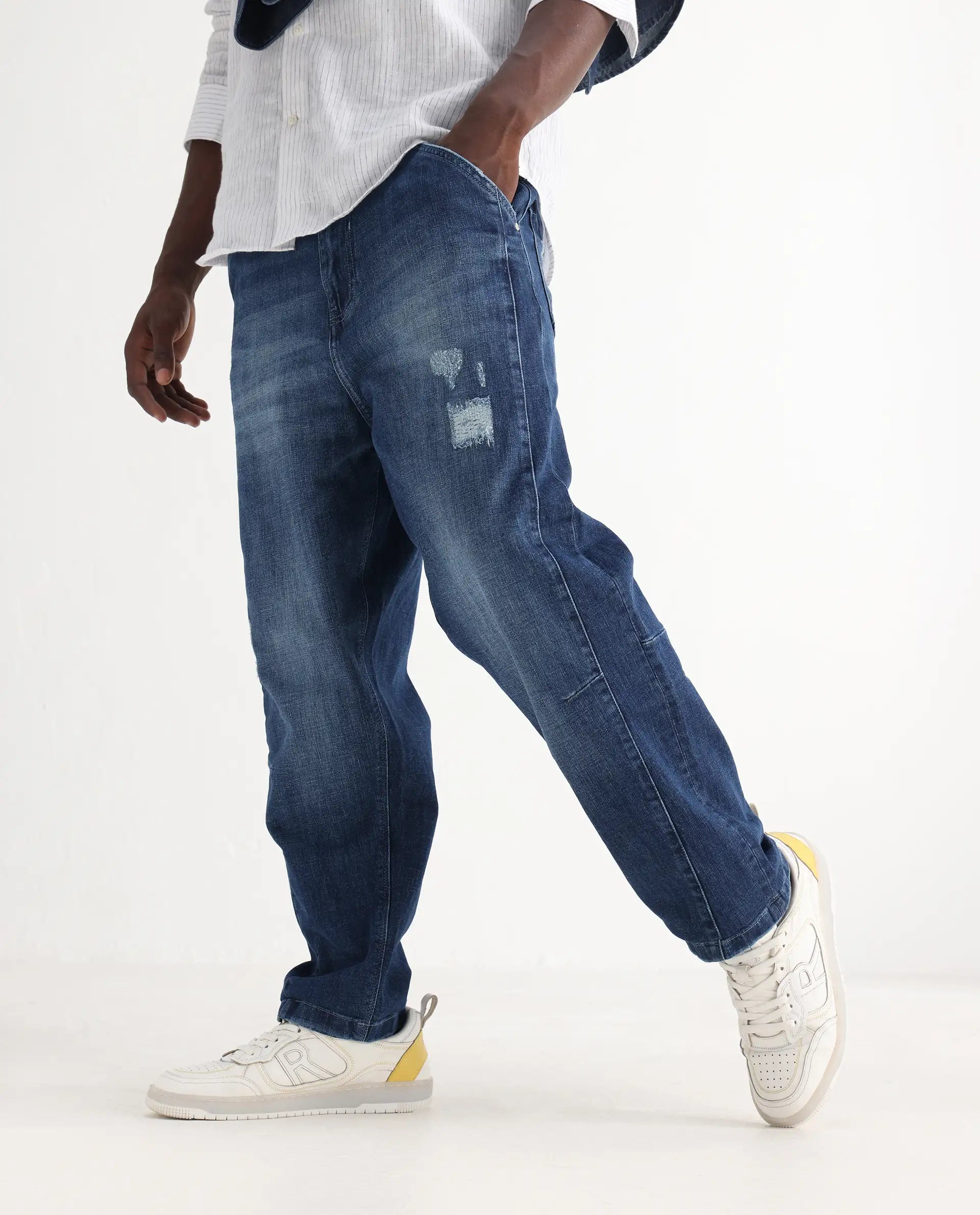 Rare Rabbit Men's Korb Blue Cotton Blend Plain Baggy Fit Jeans