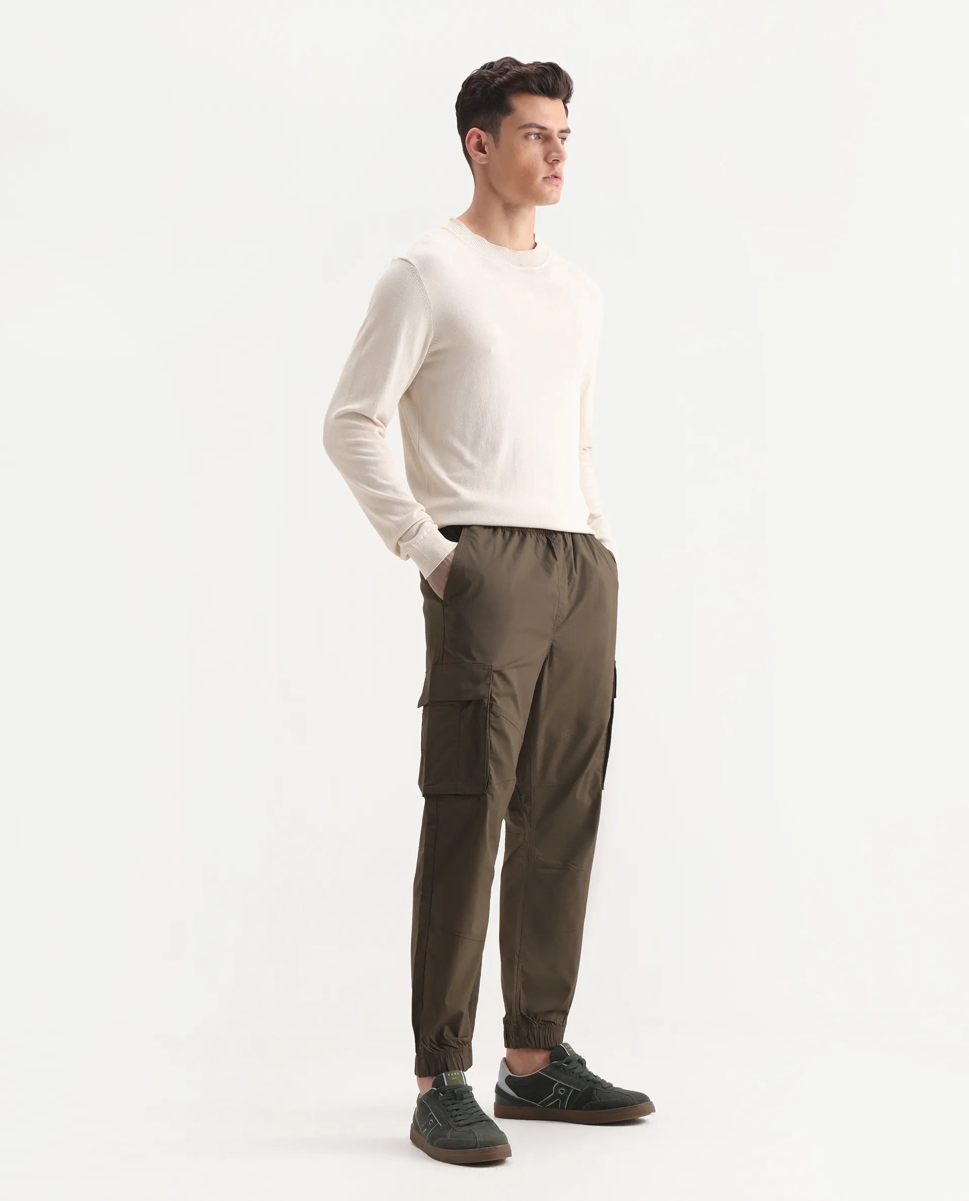 Rare Rabbit Men's Korb Olive Cotton Blend Plain Relaxed Fit Trouser