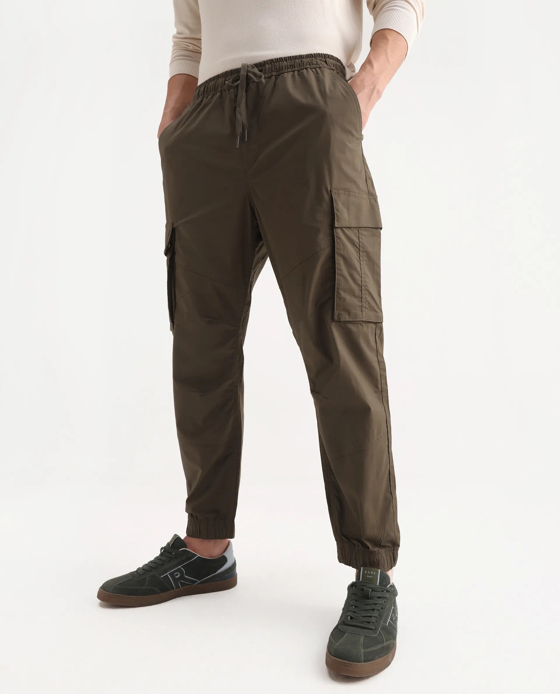 Rare Rabbit Men's Korb Olive Cotton Blend Plain Relaxed Fit Trouser
