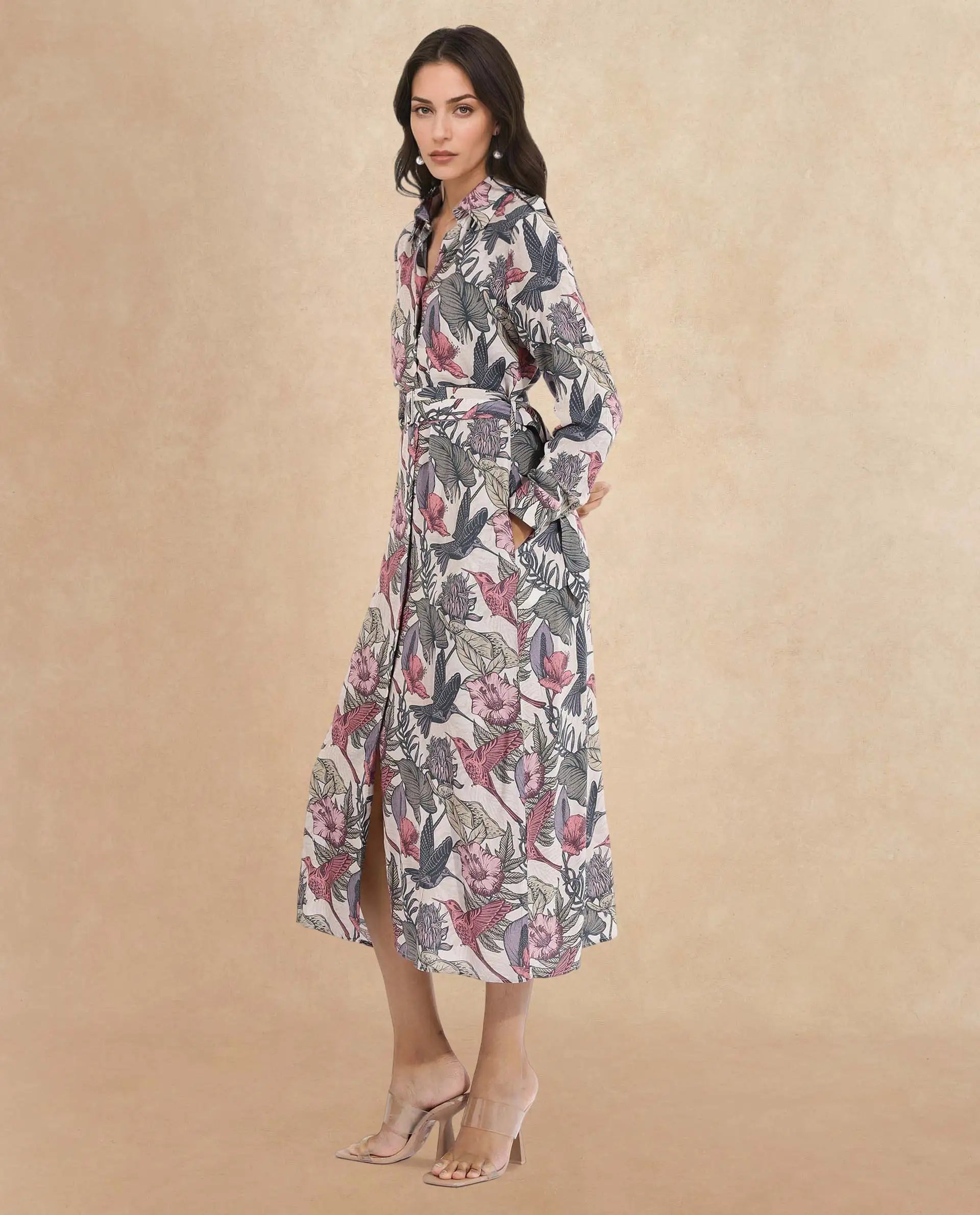 Rareism Women Korean Multi Cuffed Sleeve Collared Neck  Fit And Flare Maxi Abstract Print Dress