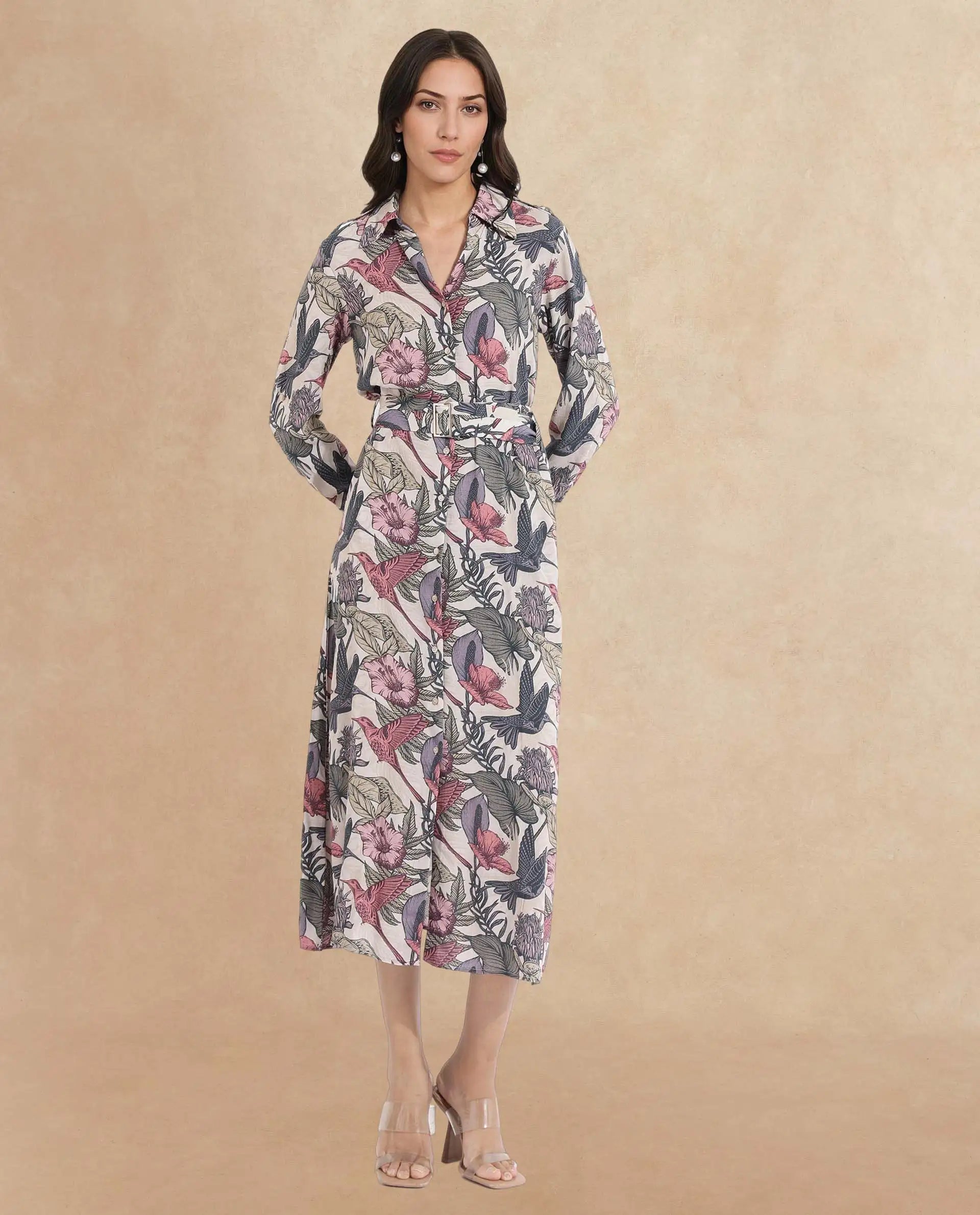Rareism Women Korean Multi Cuffed Sleeve Collared Neck  Fit And Flare Maxi Abstract Print Dress