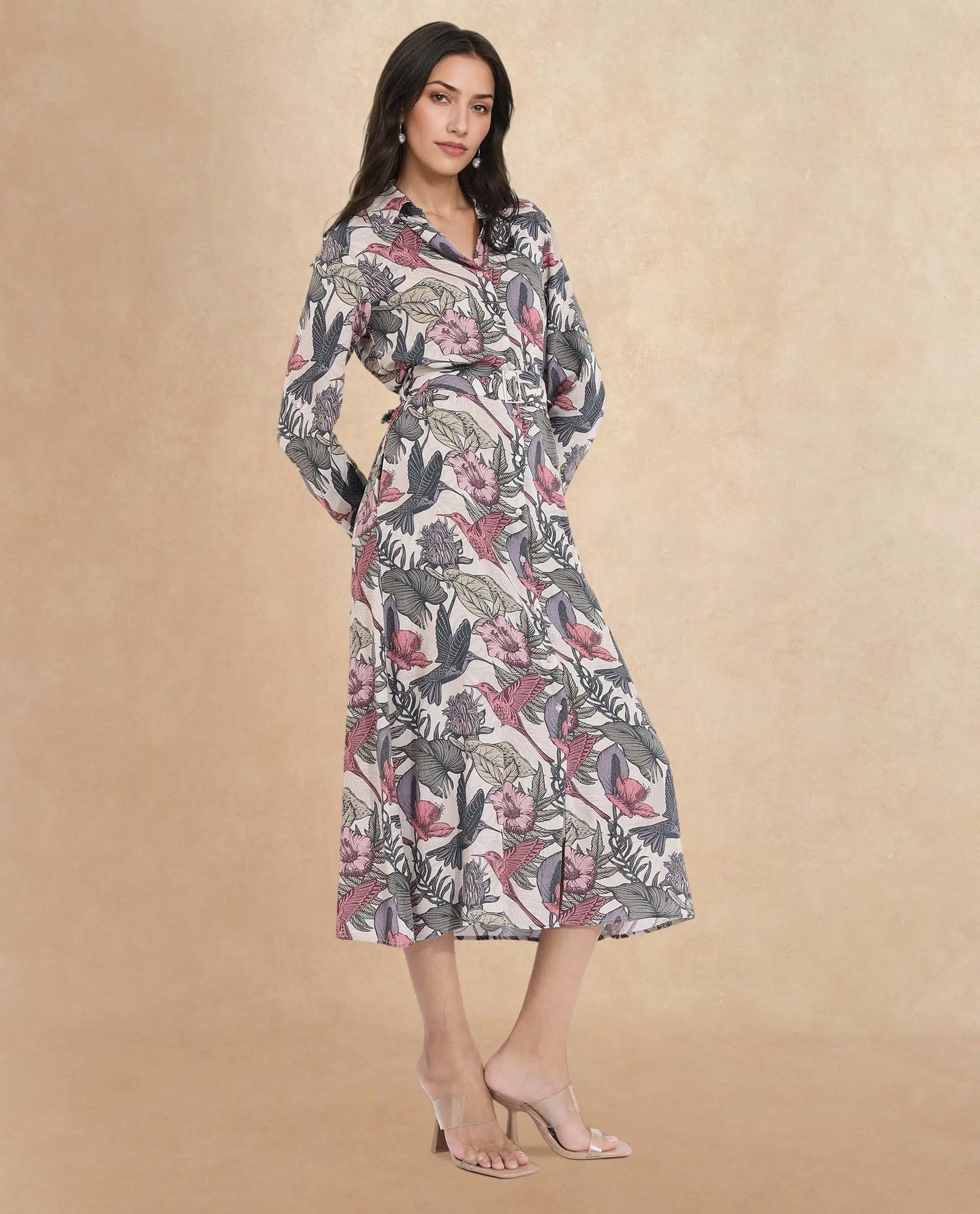 Rareism Women Korean Multi Cuffed Sleeve Collared Neck  Fit And Flare Maxi Abstract Print Dress
