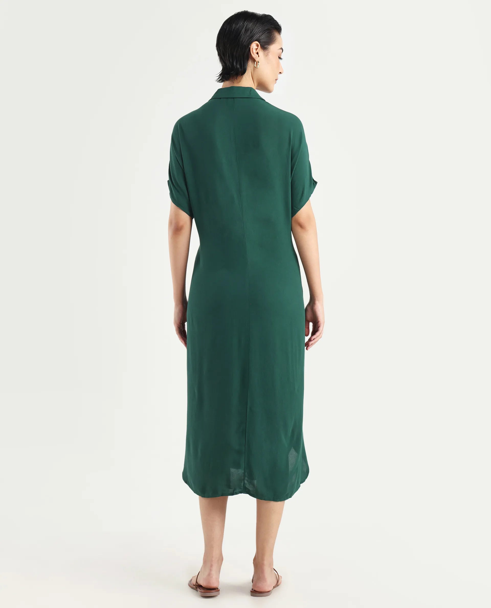 Rareism Women's Korian Dark Green Moroccan Crepe Drop Collar Plain Extended Sleeves Midi Relaxed Fit Dress