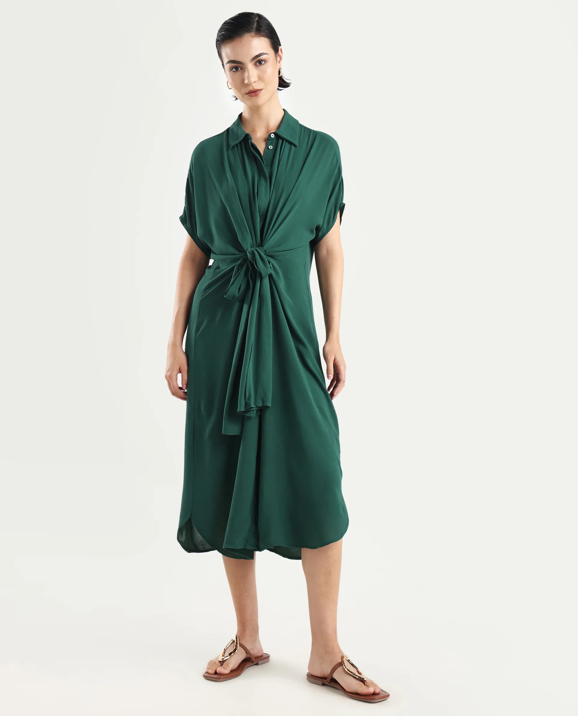 Rareism Women's Korian Dark Green Moroccan Crepe Drop Collar Plain Extended Sleeves Midi Relaxed Fit Dress