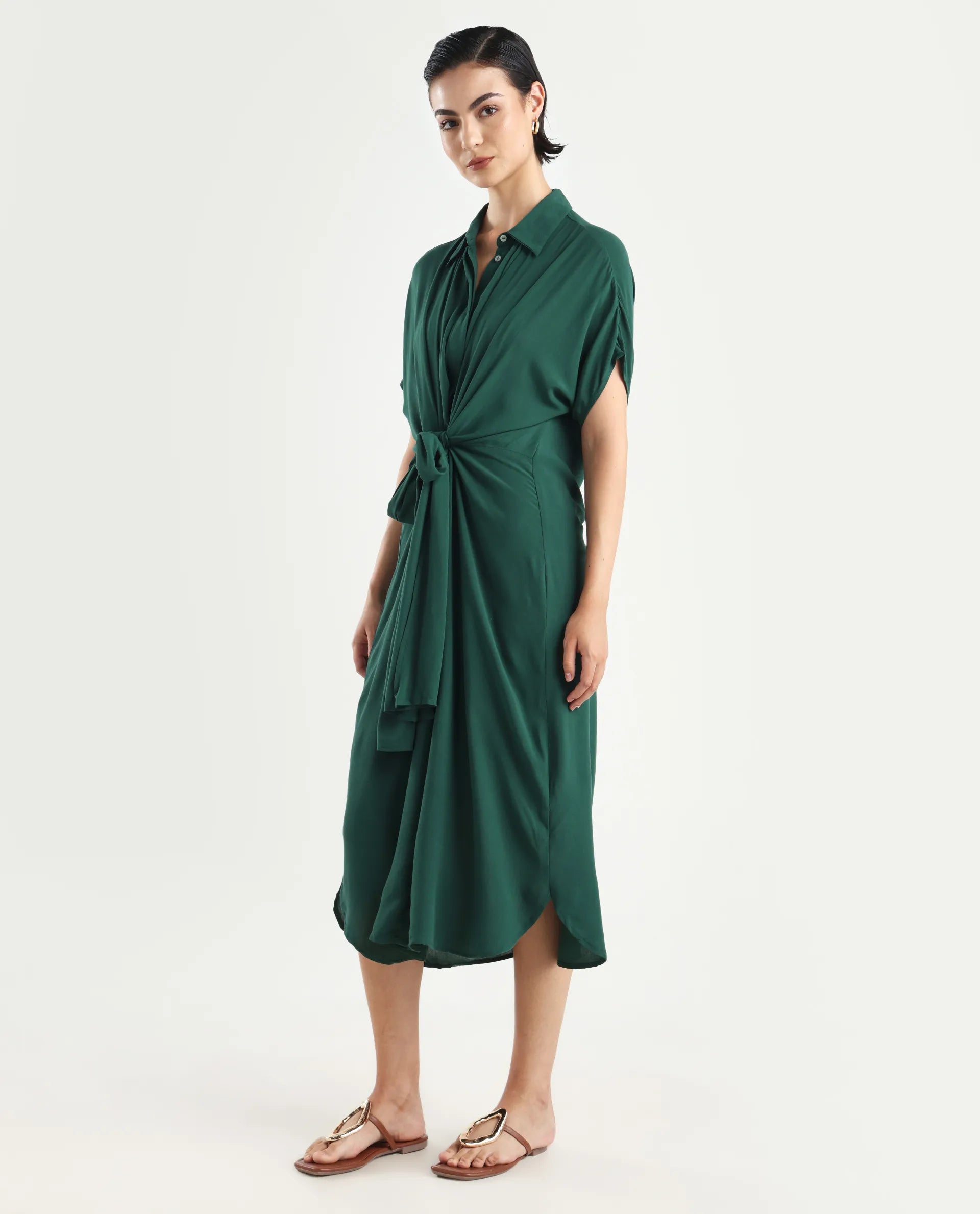 Rareism Women's Korian Dark Green Moroccan Crepe Drop Collar Plain Extended Sleeves Midi Relaxed Fit Dress