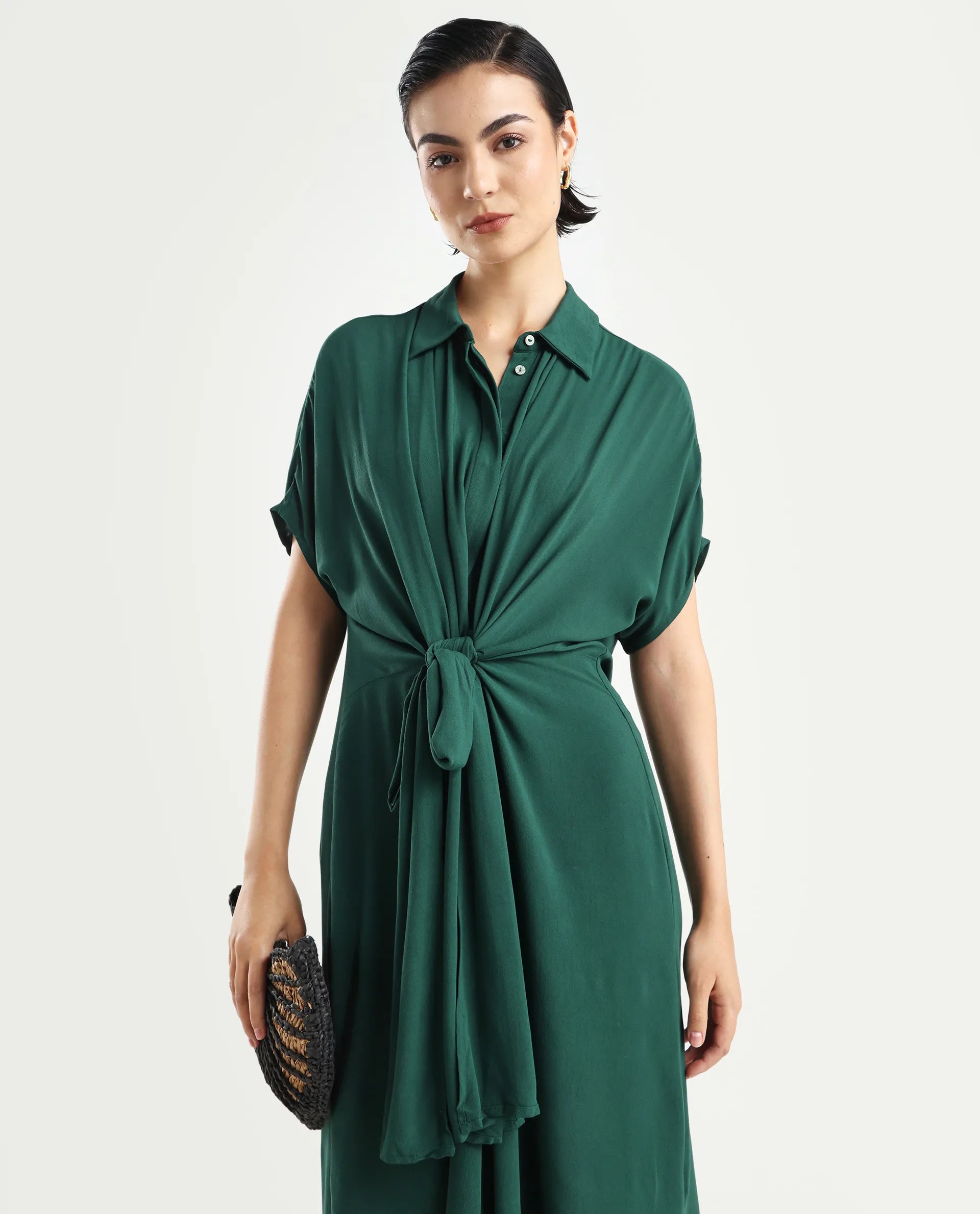 Rareism Women's Korian Dark Green Moroccan Crepe Drop Collar Plain Extended Sleeves Midi Relaxed Fit Dress